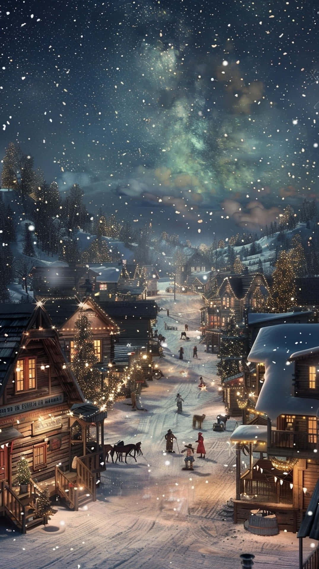 Enchanted Winter Village Night Scene, snowy village, starry sky, Full HD Phone Wallpaper