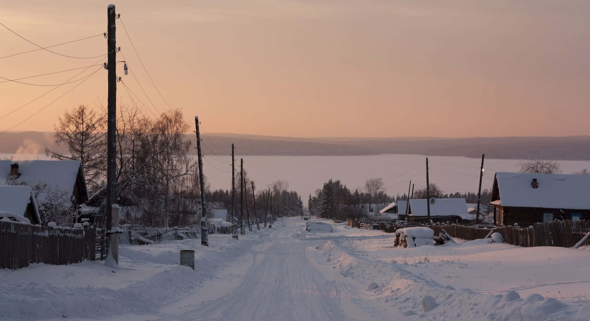 Snowy Village, frozen lake, sunset, Full HD Desktop Wallpaper