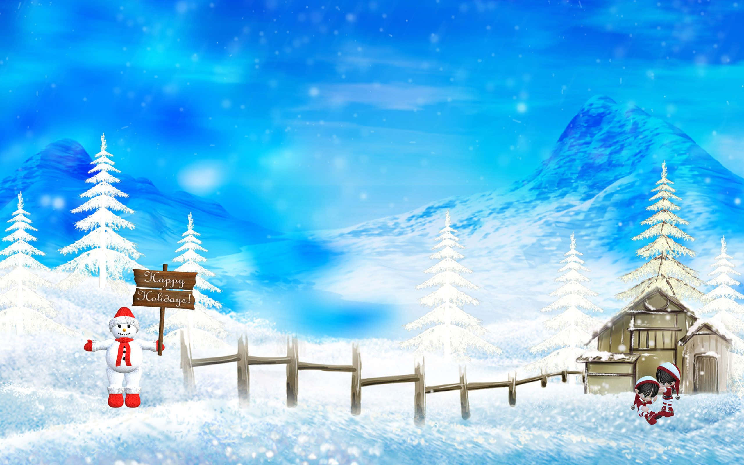 snowman, wooden fence, snow-covered cabin, 2K Desktop Wallpaper