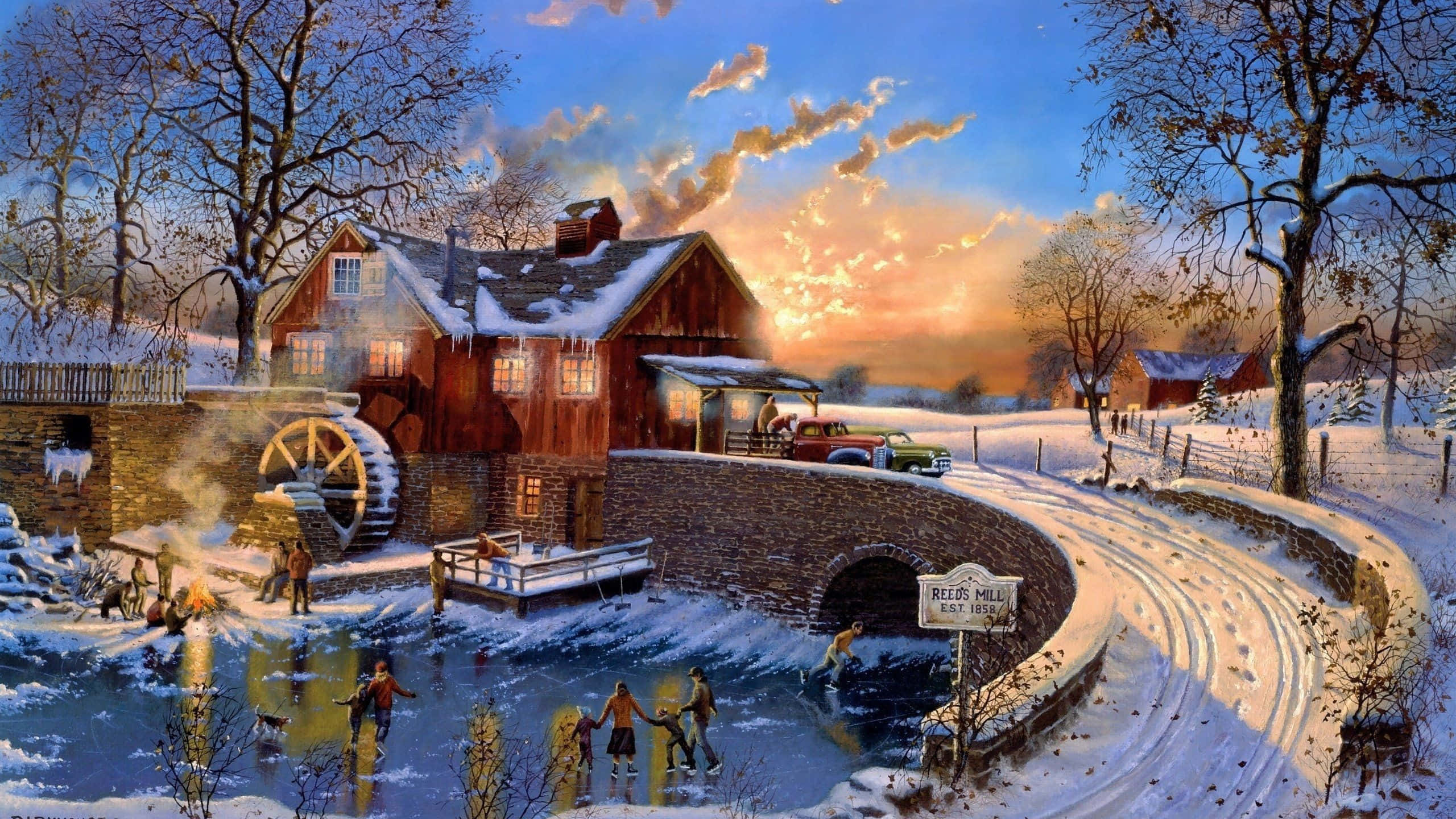 Snowy Village, rustic watermill, frozen pond, 2K Desktop Wallpaper