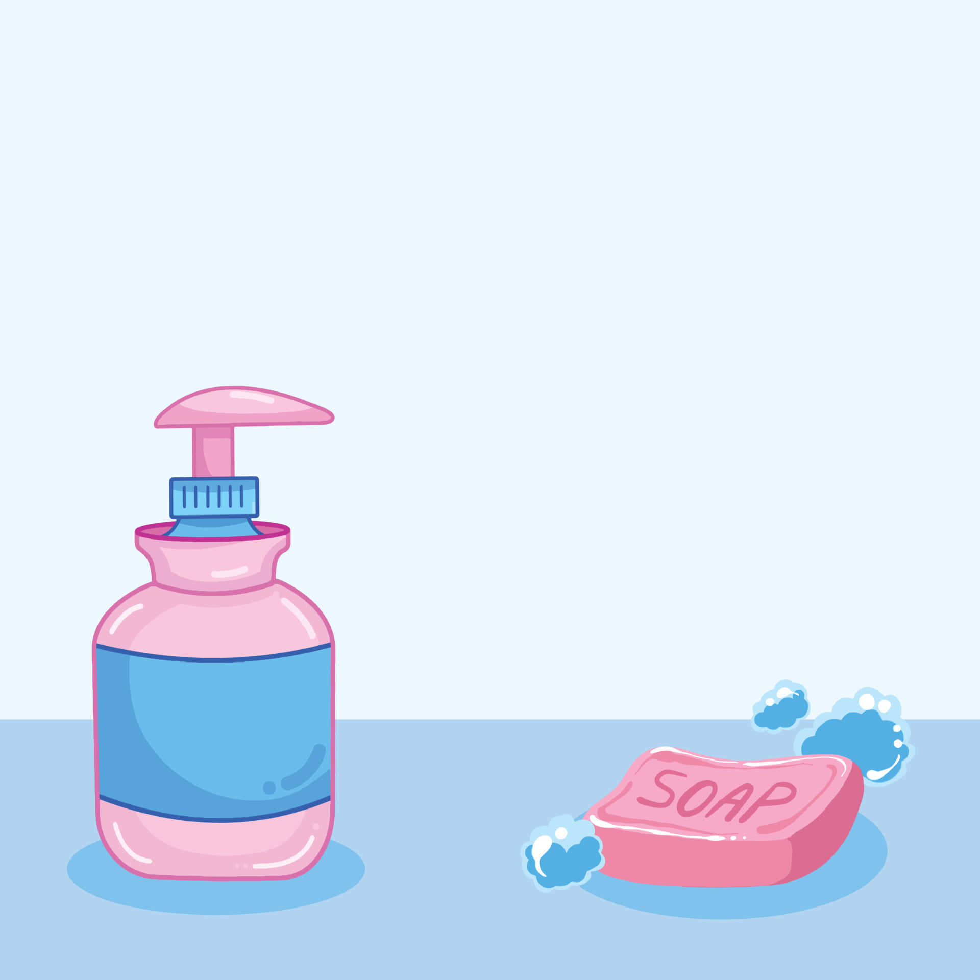 pink soap dispenser, blue accents, pink bar of soap, Full HD Desktop Wallpaper