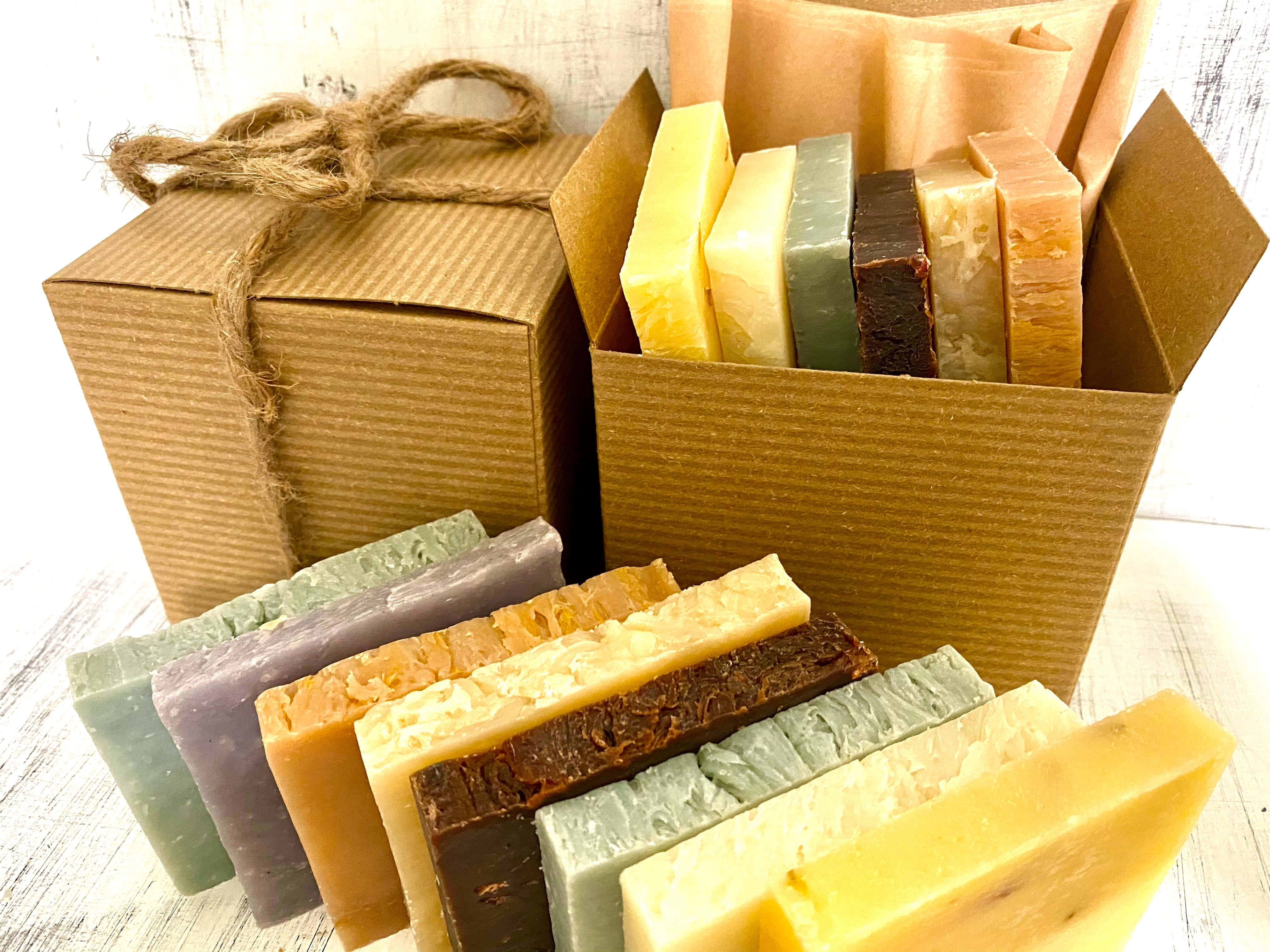 gift box soap sampler, handmade soap bars, cardboard boxes, 4K Desktop Wallpaper