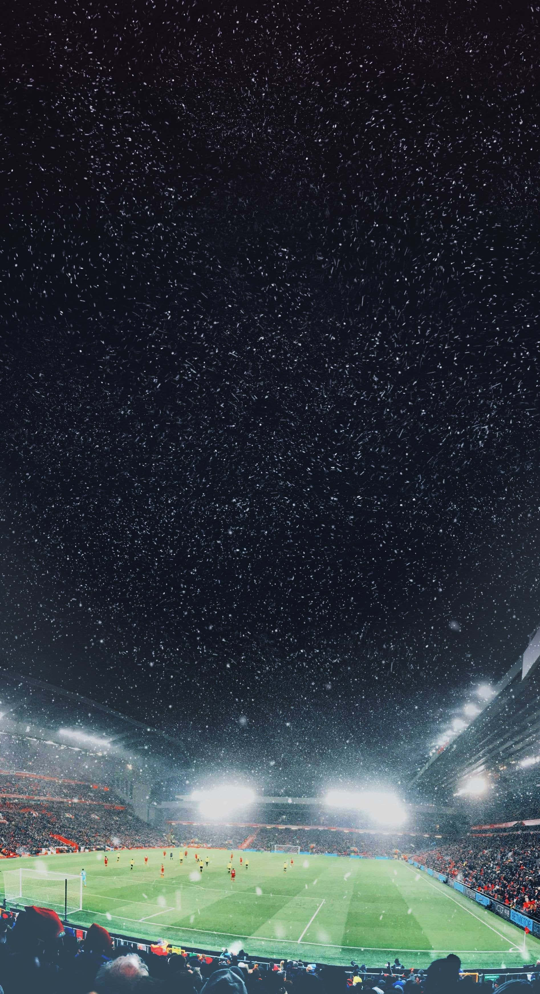 Soccer Aesthetic, snowfall, brightly lit soccer stadium, 2K Phone Wallpaper