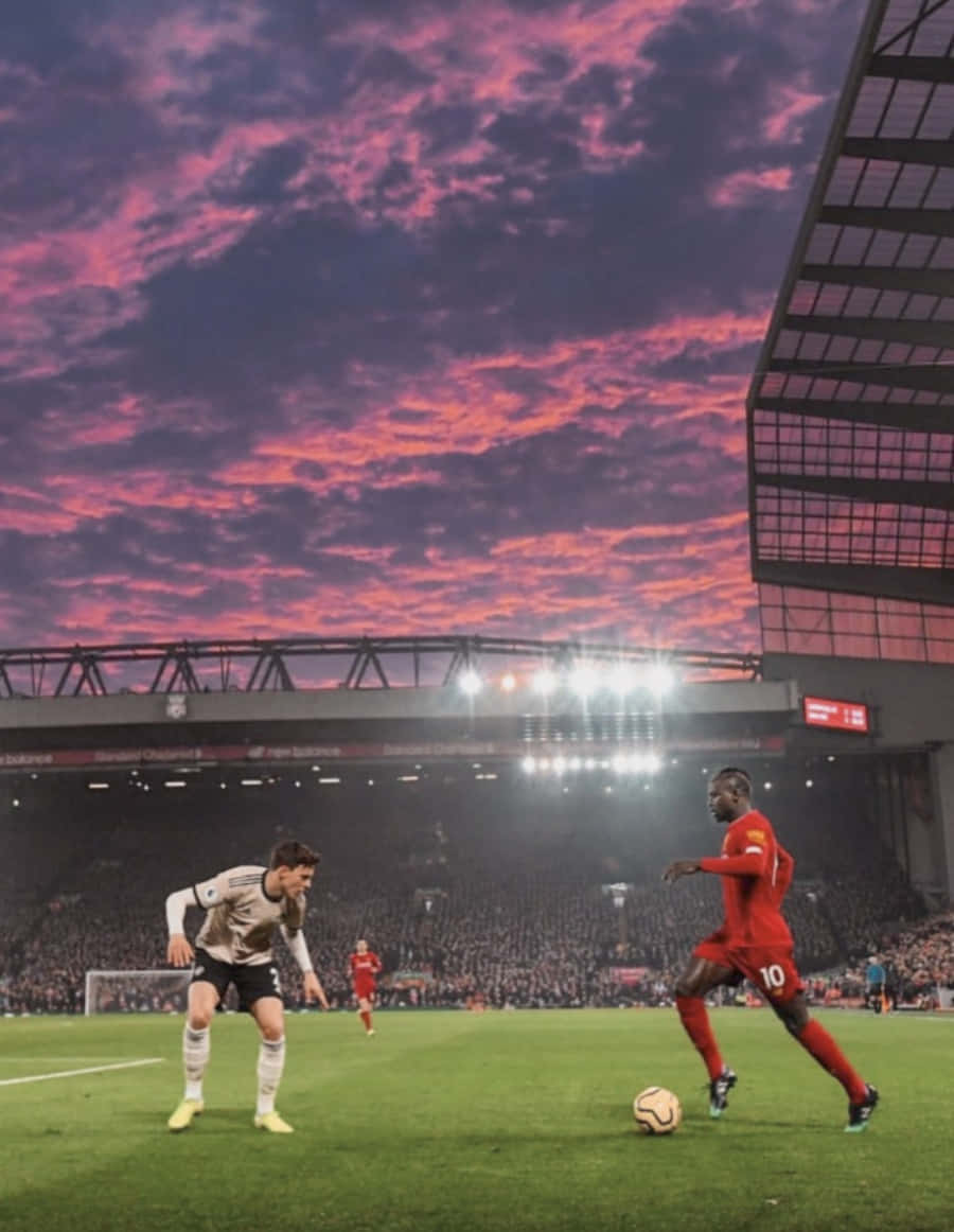 soccer players, ball, dramatic pink and purple sunset sky, SD Phone Wallpaper