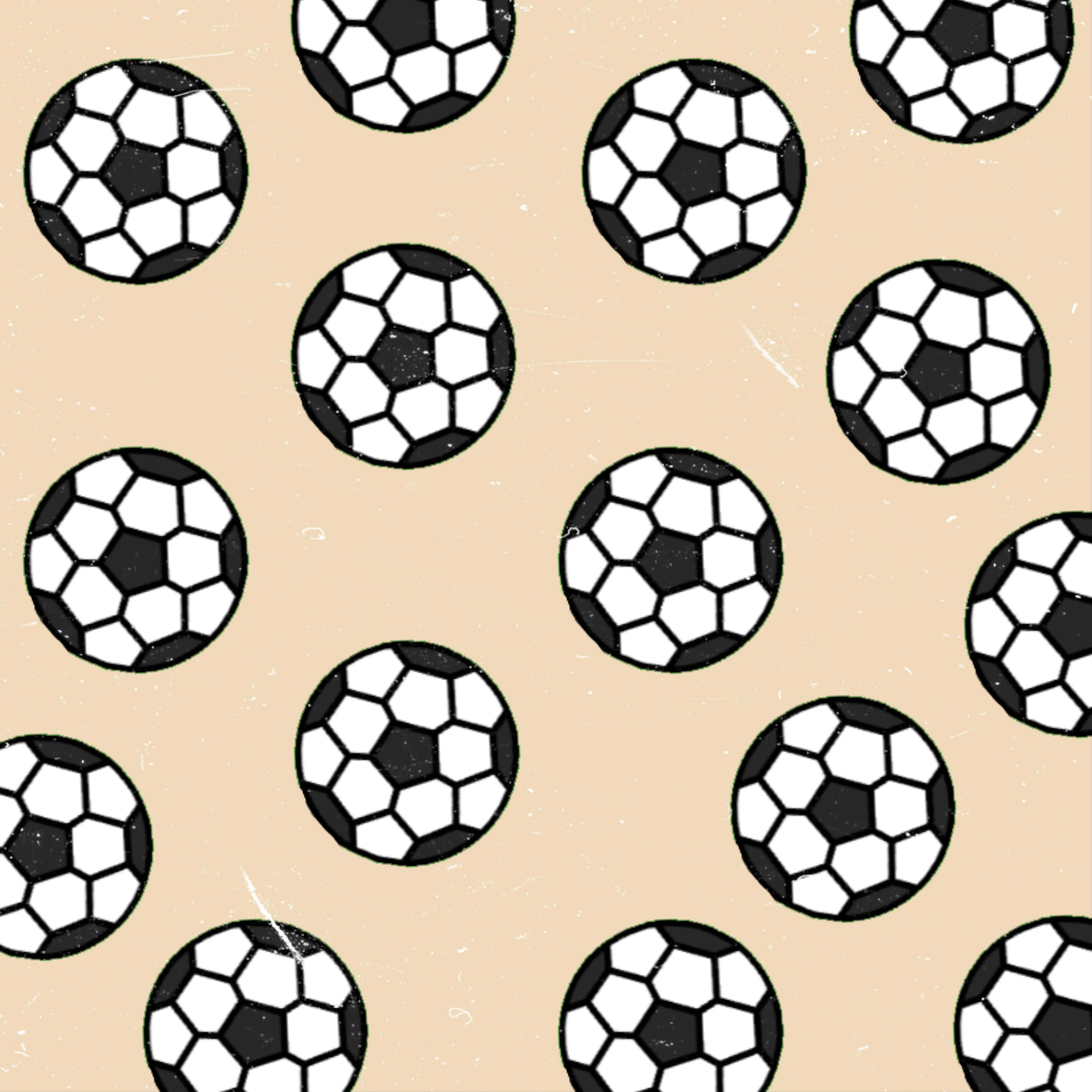 black and white soccer balls, beige textured background, repeating pattern, 2K Desktop Wallpaper
