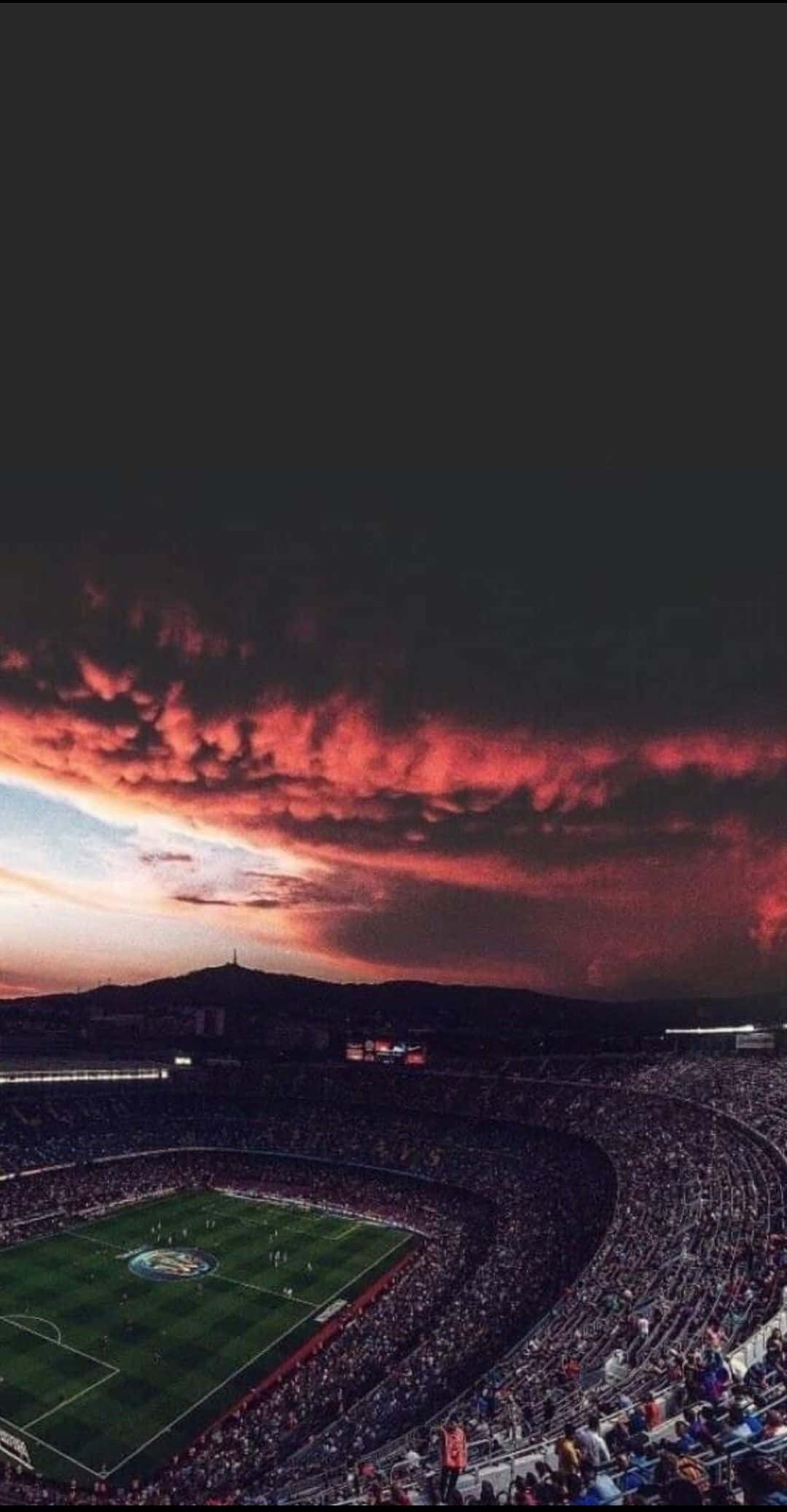 soccer stadium, sunset, fiery red clouds, Full HD Phone Wallpaper