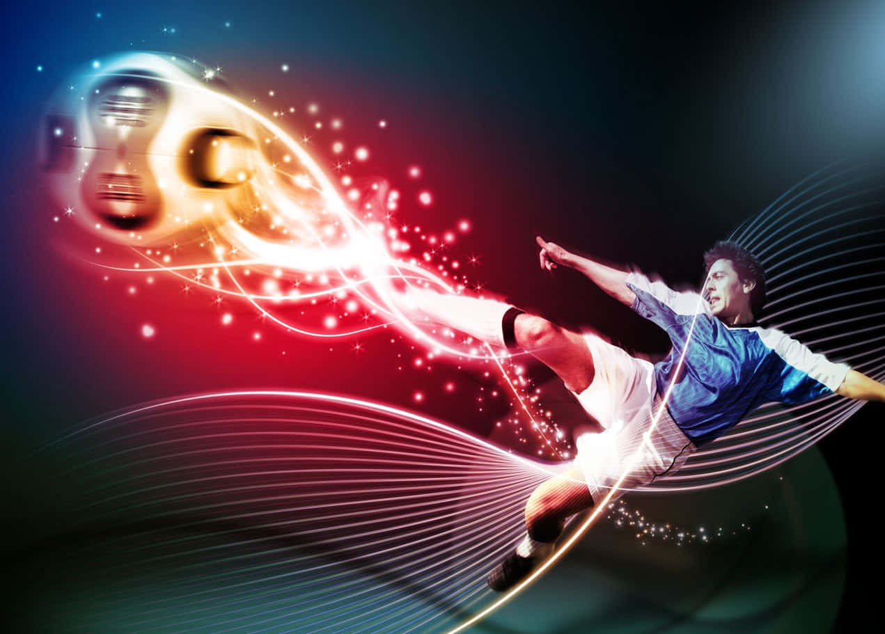 soccer player, glowing ball, radiant red and blue energy trails, SD Desktop Wallpaper