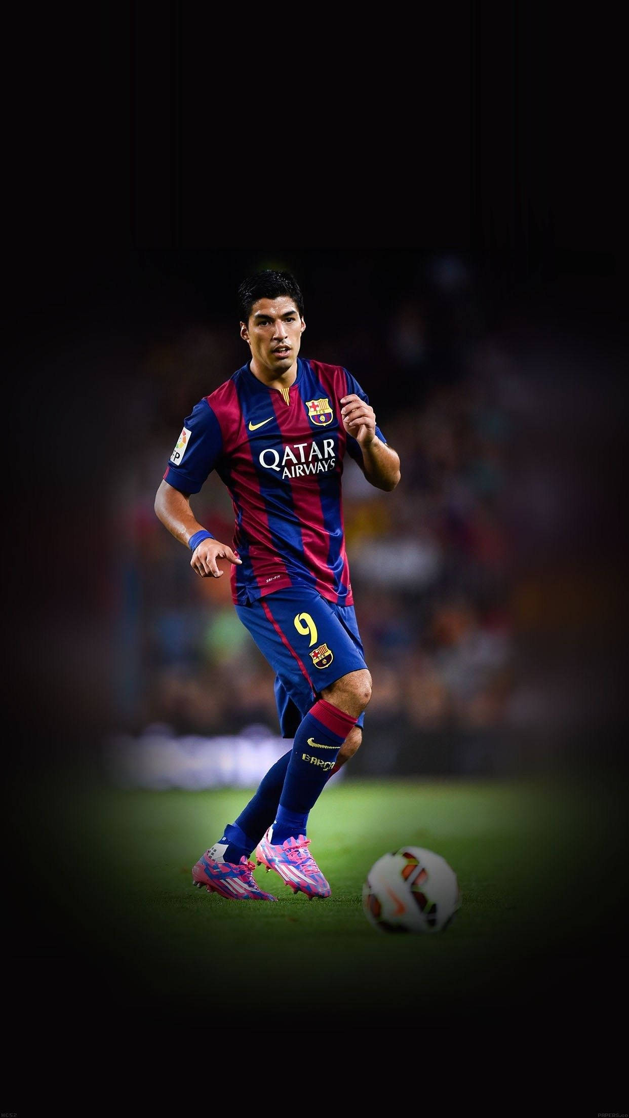 professional soccer player, blue and red striped jersey, green field, Full HD Phone Wallpaper