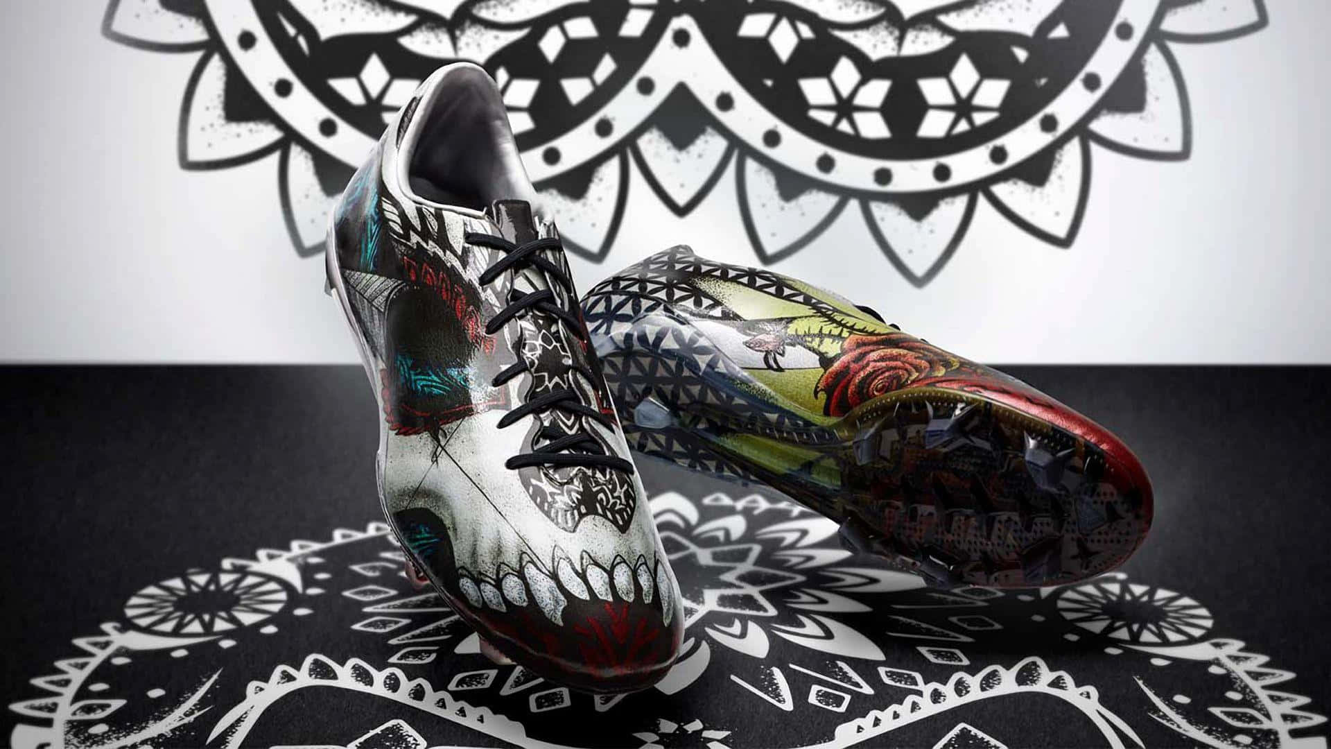 artistic design soccer cleats, black surface, white mandala patterns, Full HD Desktop Wallpaper
