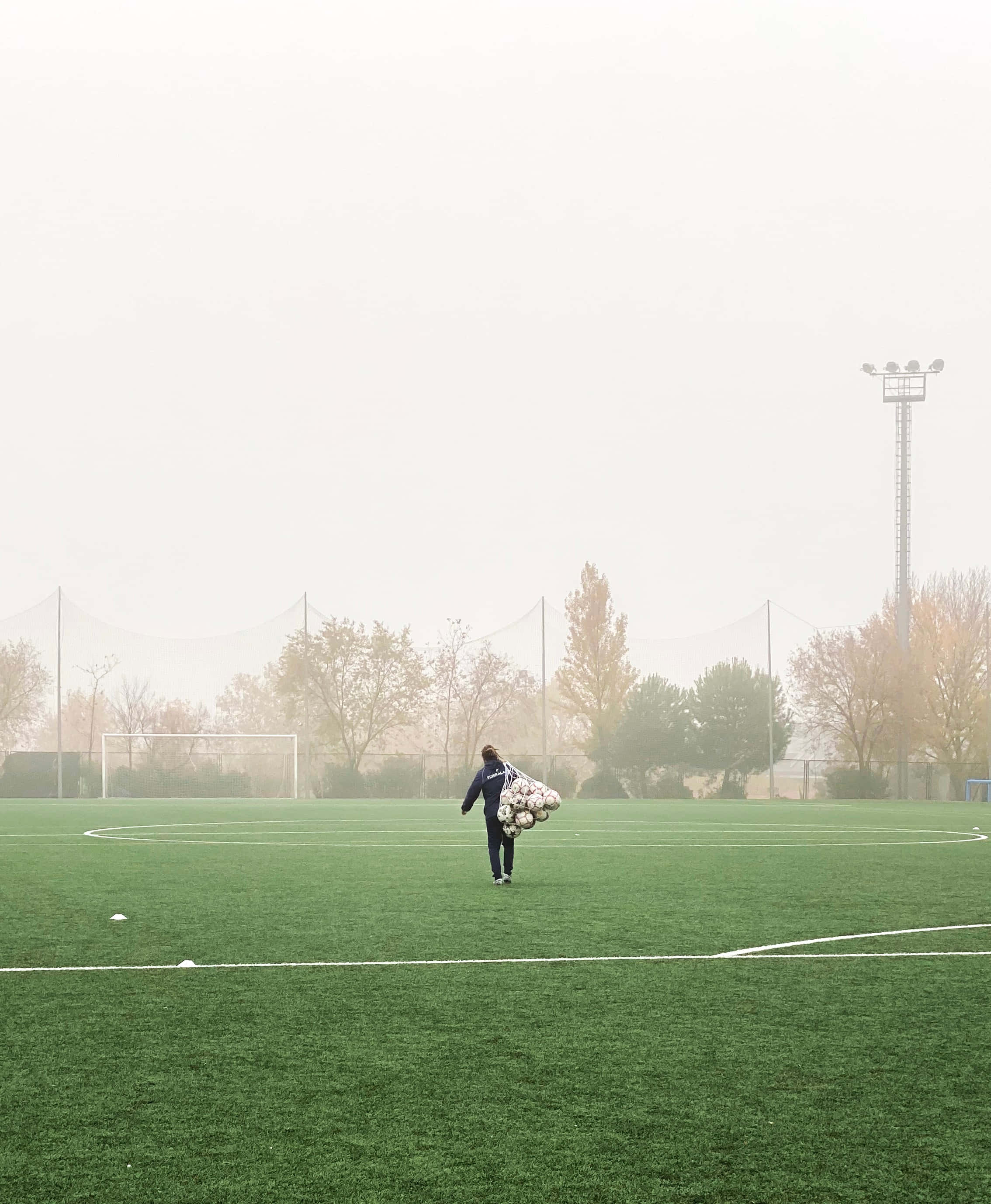 soccer balls, misty green field, trees, 2K Phone Wallpaper