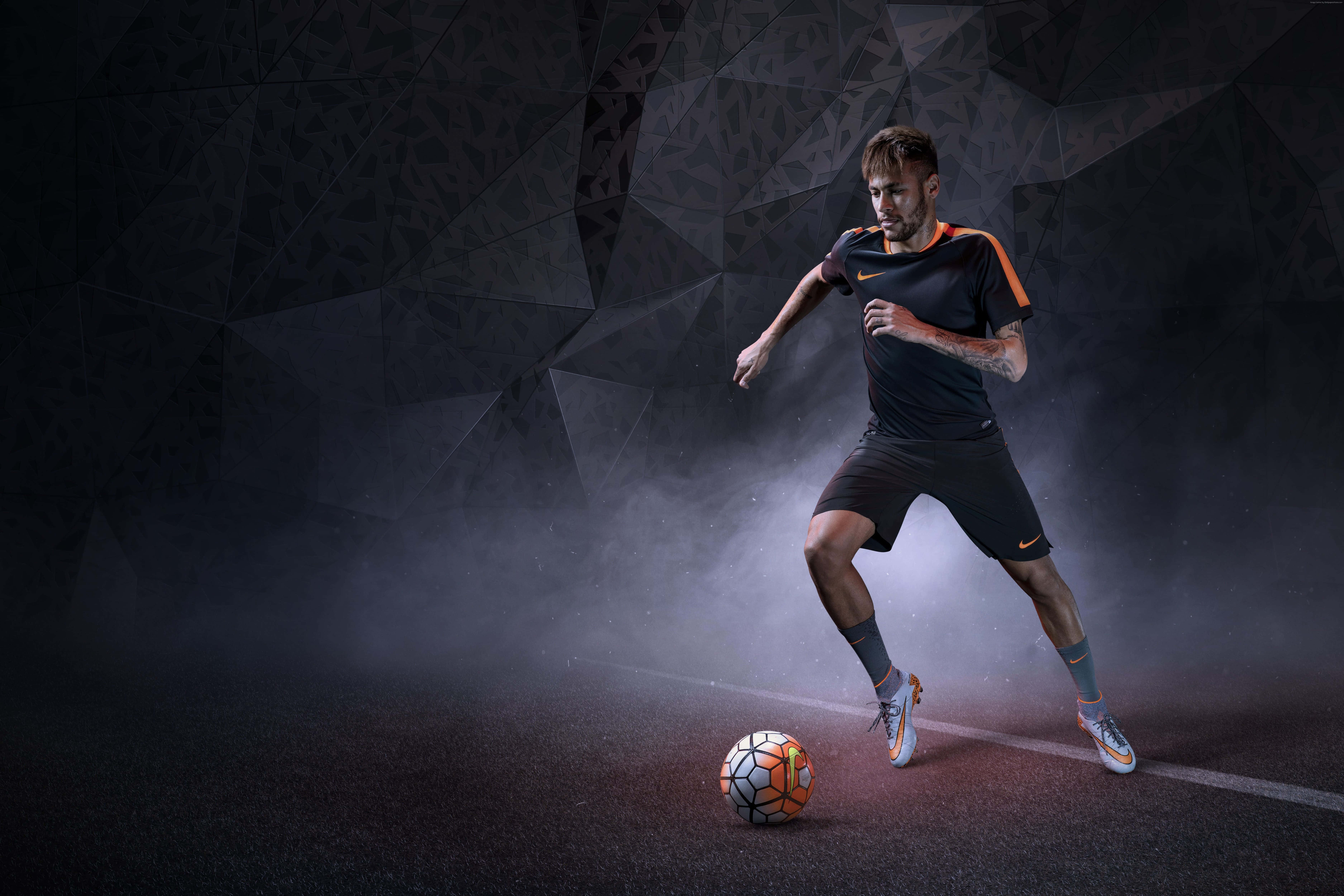 soccer ball, black and orange gear, dark geometrically patterned field, 5K Desktop Wallpaper