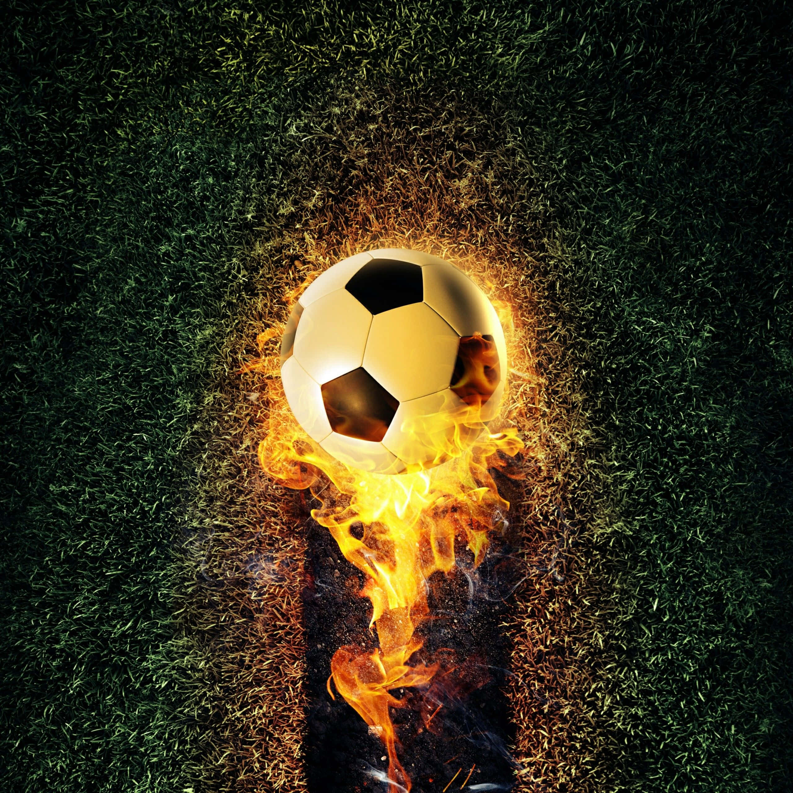 soccer ball, flaming soccer ball, dark grass, 2K Desktop Wallpaper