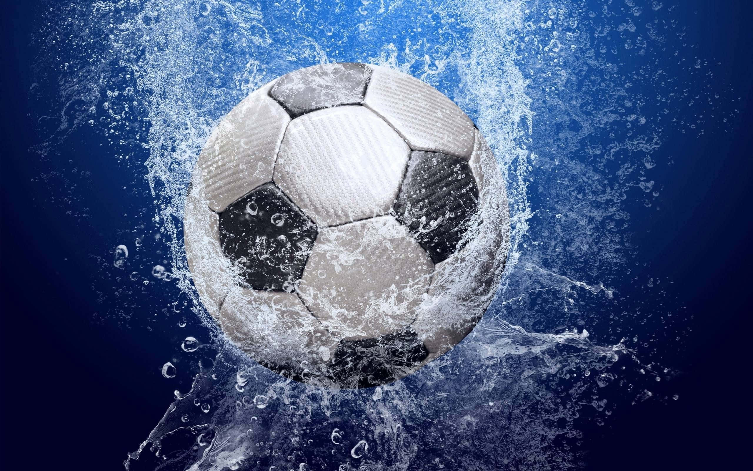 black and white soccer ball, deep blue water, dynamic splashes, 2K Desktop Wallpaper