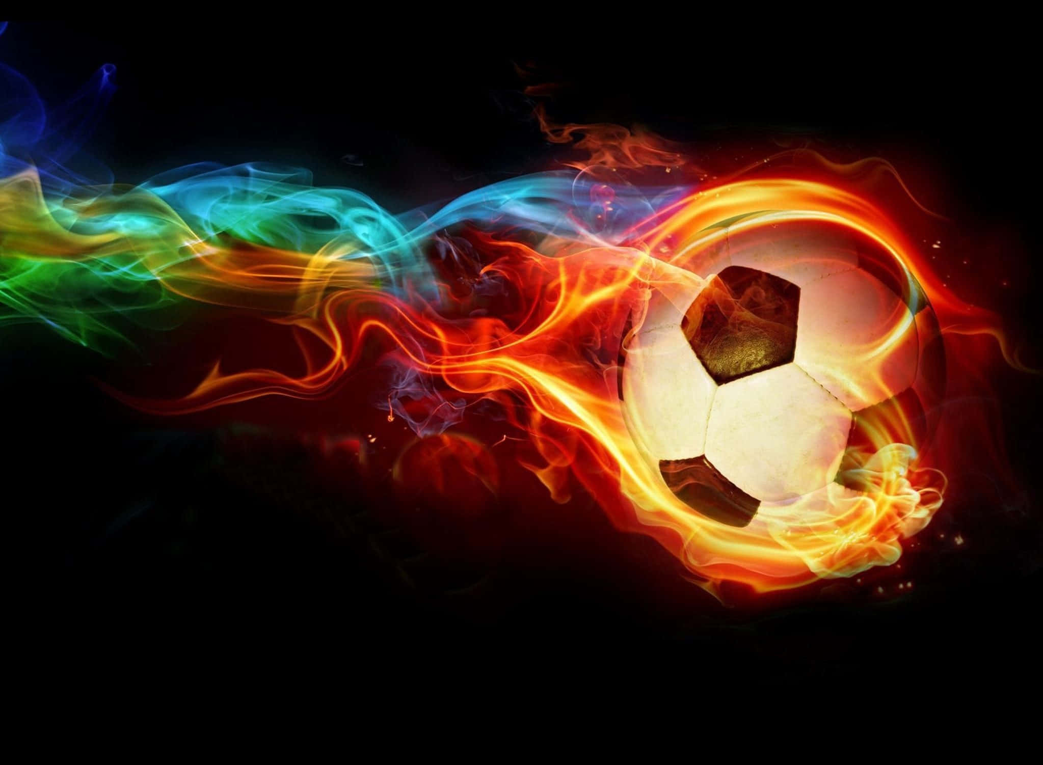 soccer ball, vibrant fiery flames, rainbow smoke trails, Full HD Desktop Wallpaper
