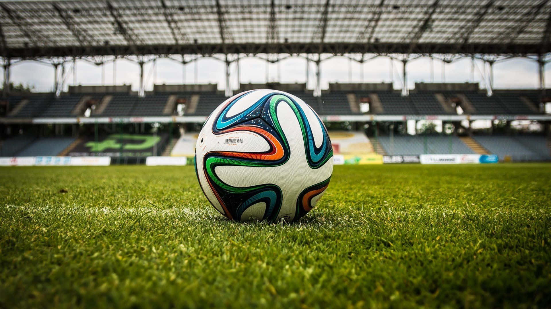 soccer ball, lush green grass, empty stadium, Full HD Desktop Wallpaper
