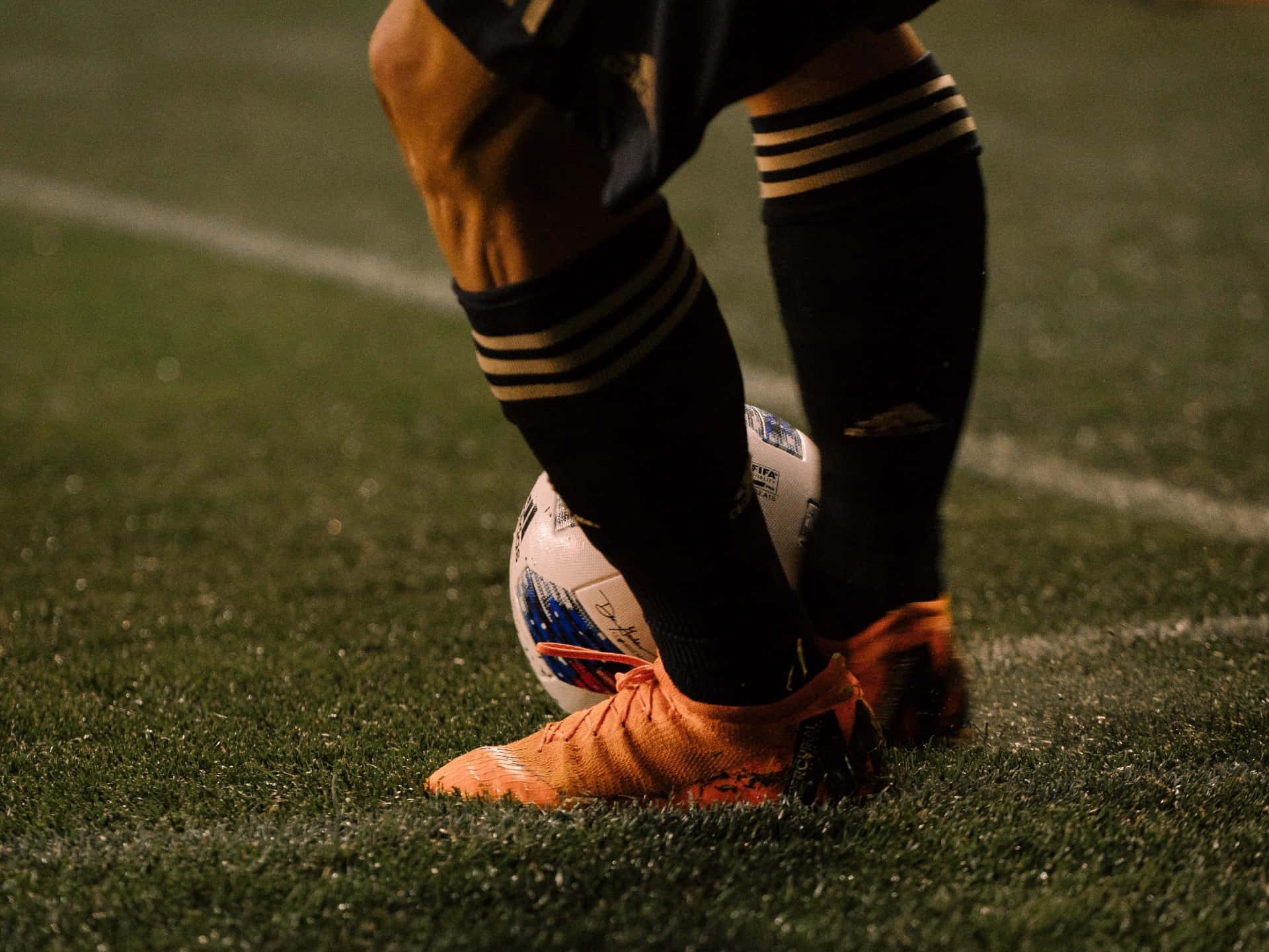 orange cleats, black socks, white ball, Full HD Desktop Wallpaper