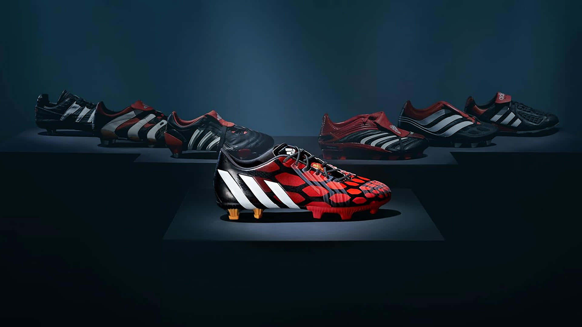 red black and white soccer cleats, spotlights, dark studio background, Full HD Desktop Wallpaper