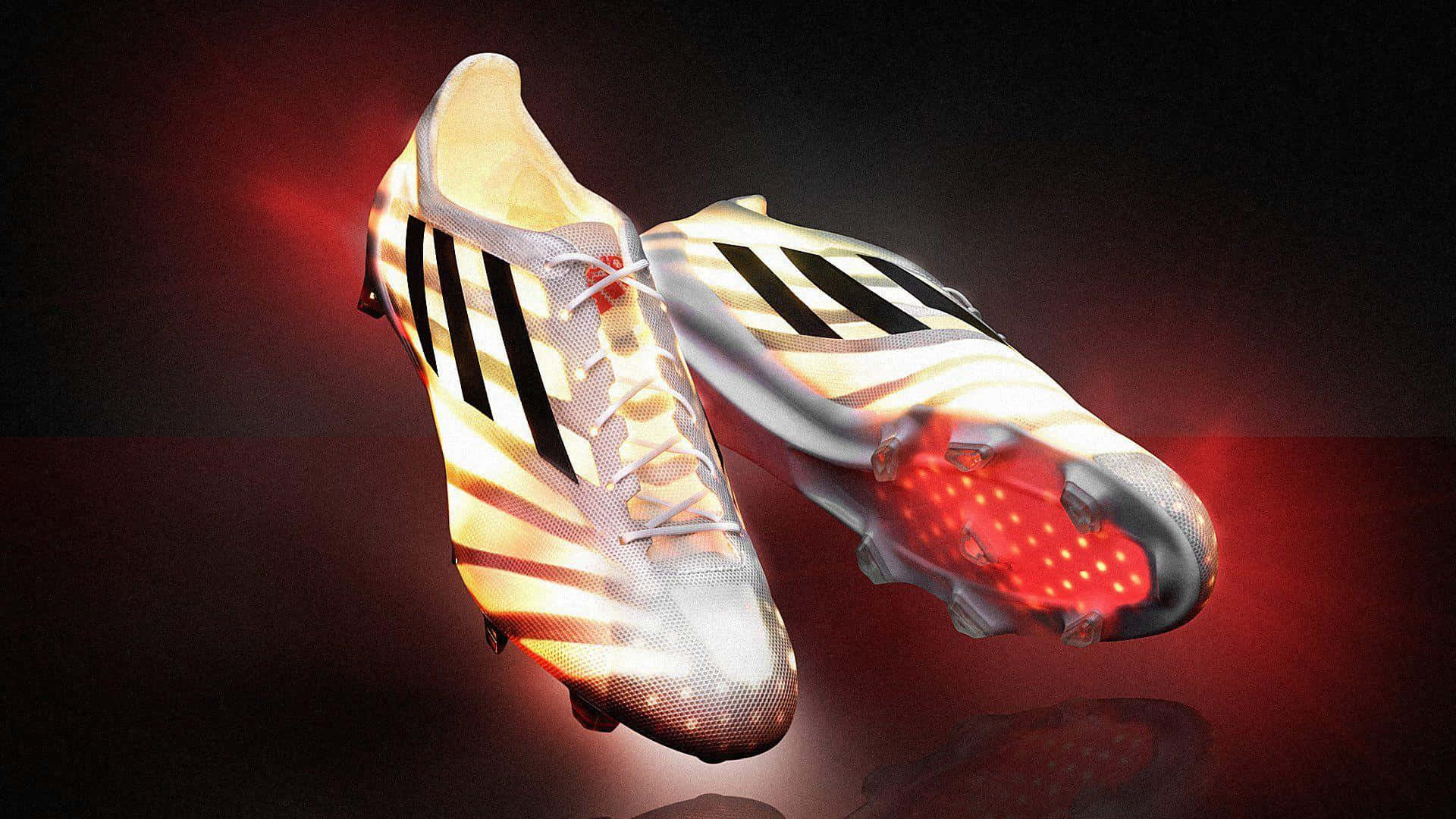 futuristic soccer cleats, glowing red studs, metallic stripes, Full HD Desktop Wallpaper