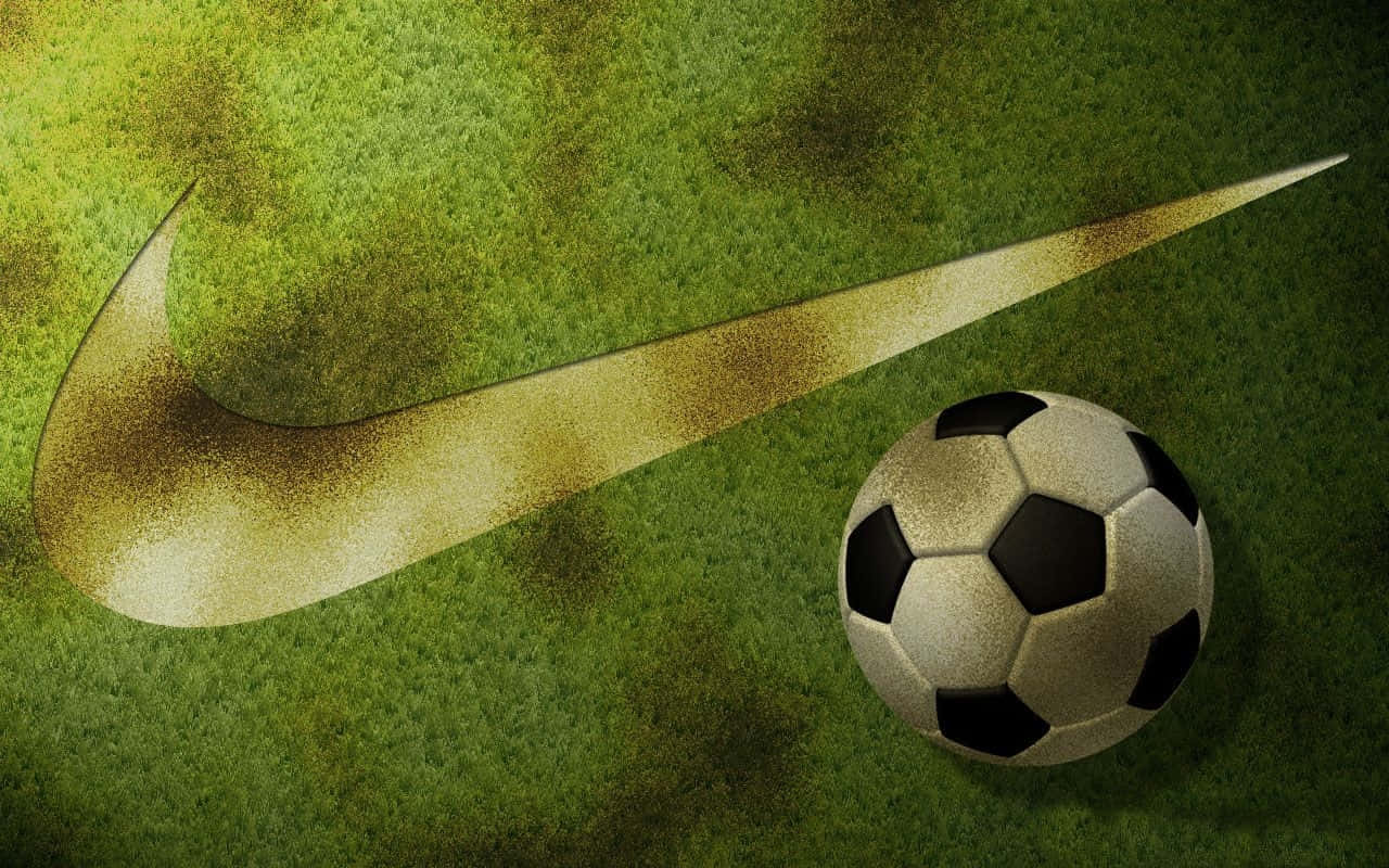 black and white soccer ball, textured green grass, large golden Nike swoosh logo, HD Desktop Wallpaper