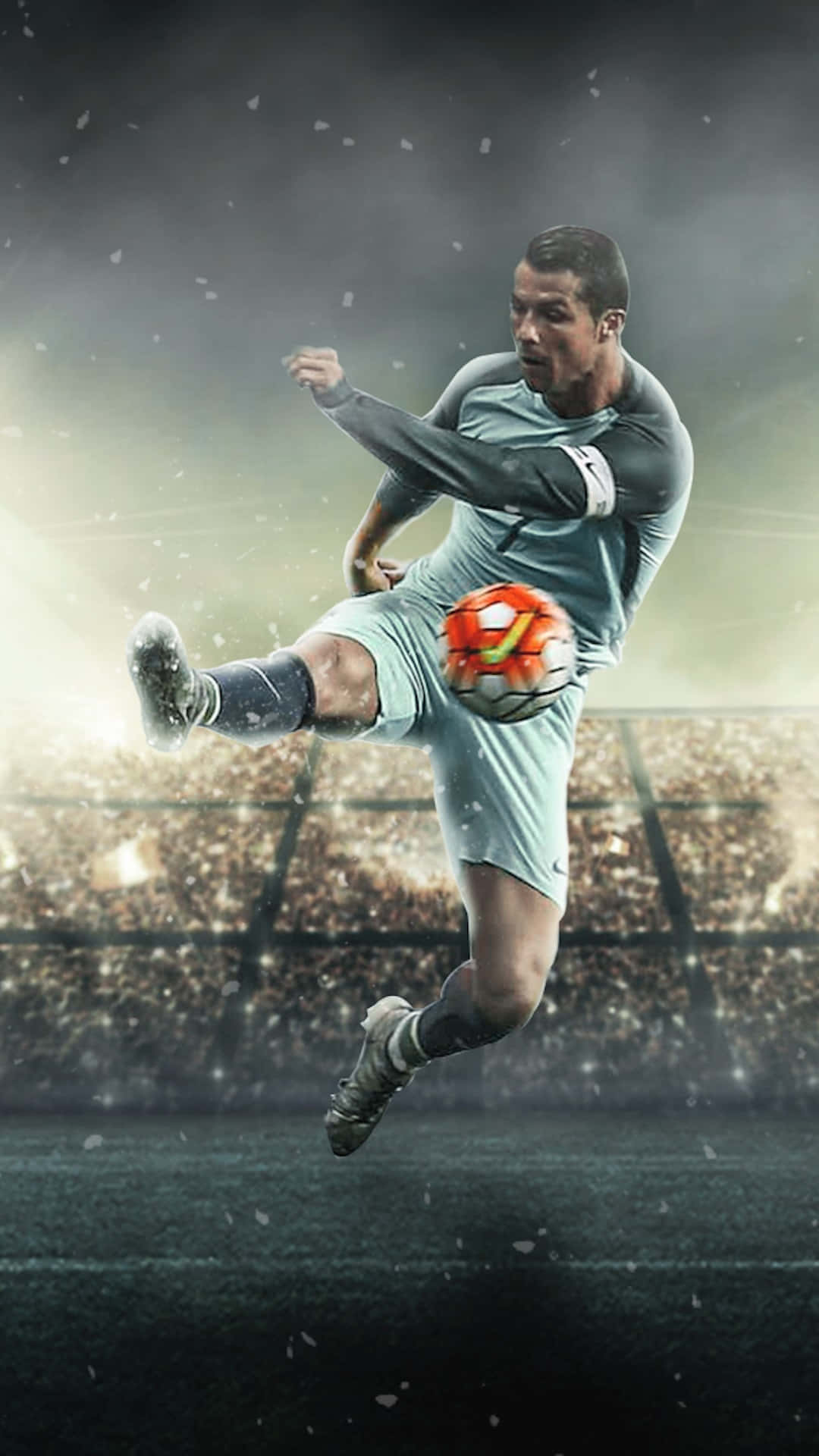 soccer player, mid-air kicks, stadium, Full HD Phone Wallpaper