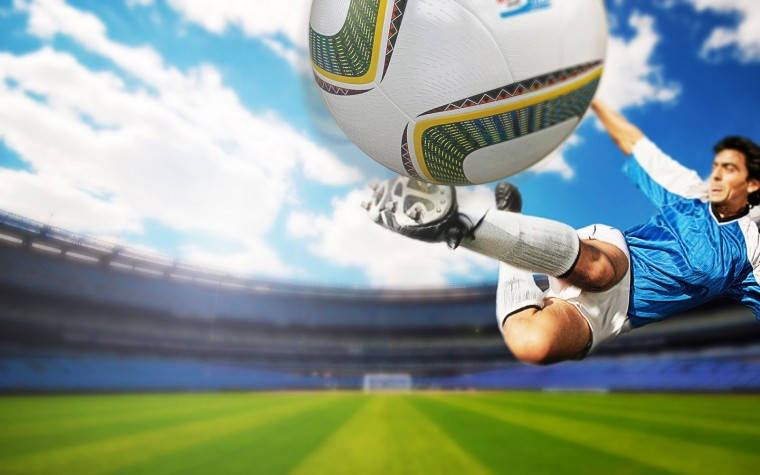 soccer player, patterned ball, bright blue sky, SD Desktop Wallpaper