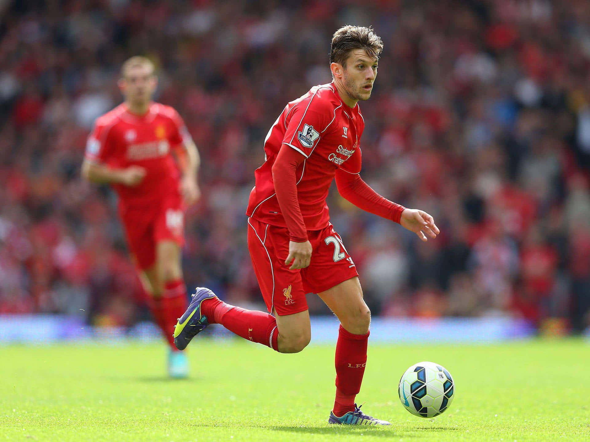 soccer player, red kit, vibrant green pitch, Full HD Desktop Wallpaper