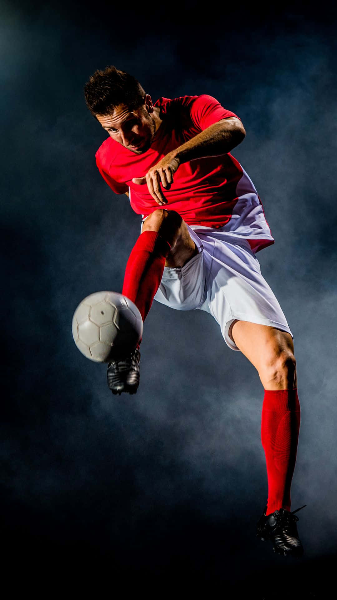 soccer player, red jersey, midair, Full HD Phone Wallpaper