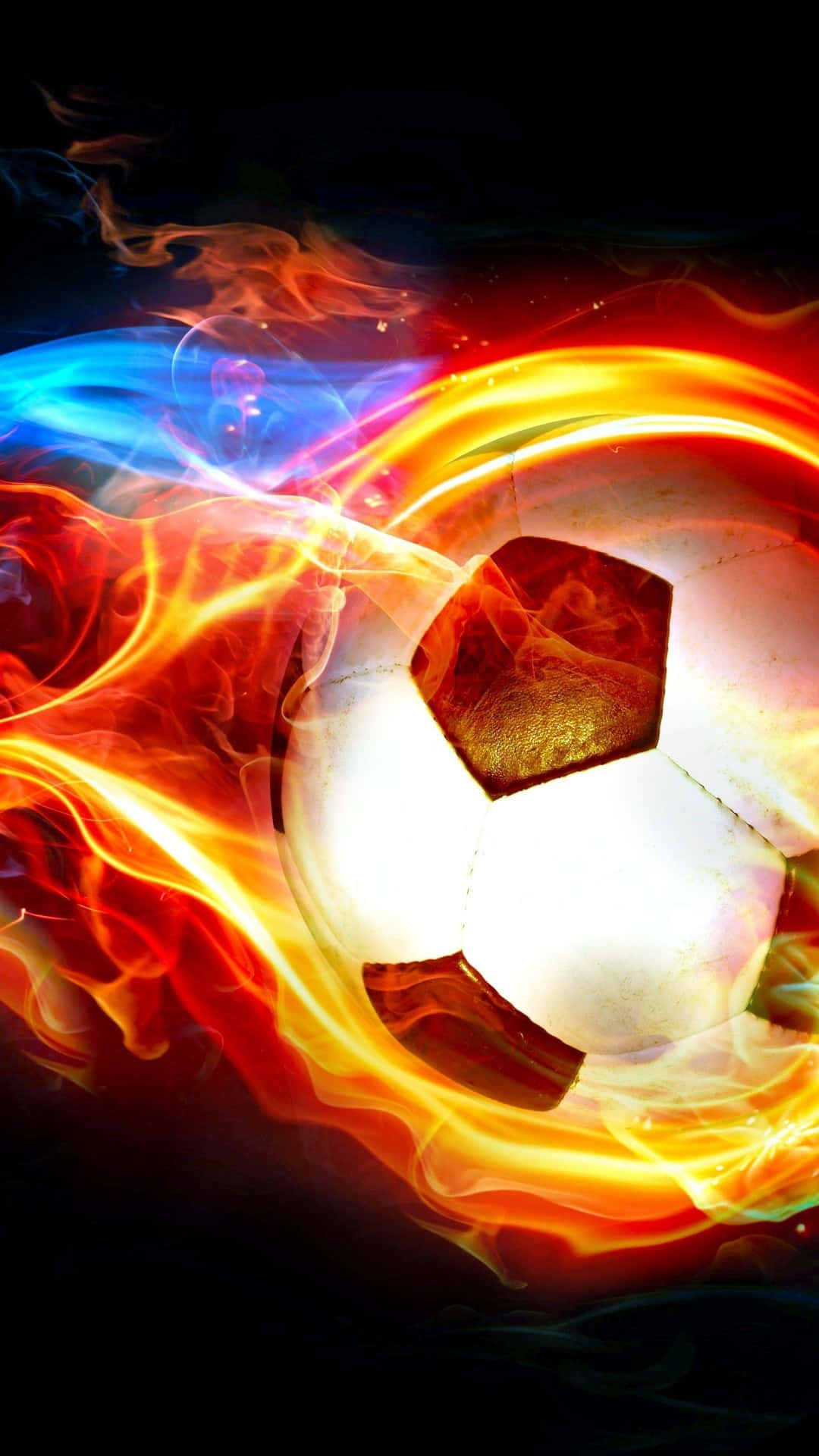 Soccer iPhone, glowing soccer ball, vibrant orange and blue flames, Full HD Phone Wallpaper