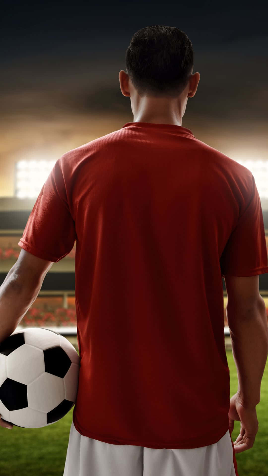 soccer player, red jersey, stadium field, Full HD Phone Wallpaper