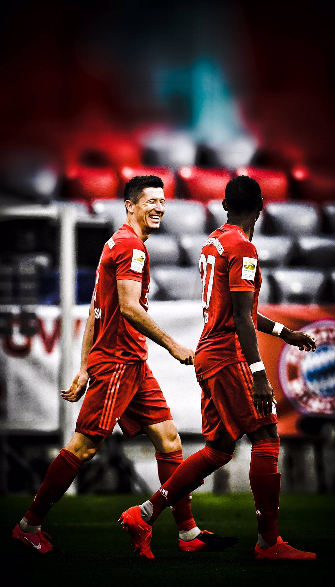 Soccer Players, red uniforms, vibrant green pitch, Full HD Phone Wallpaper