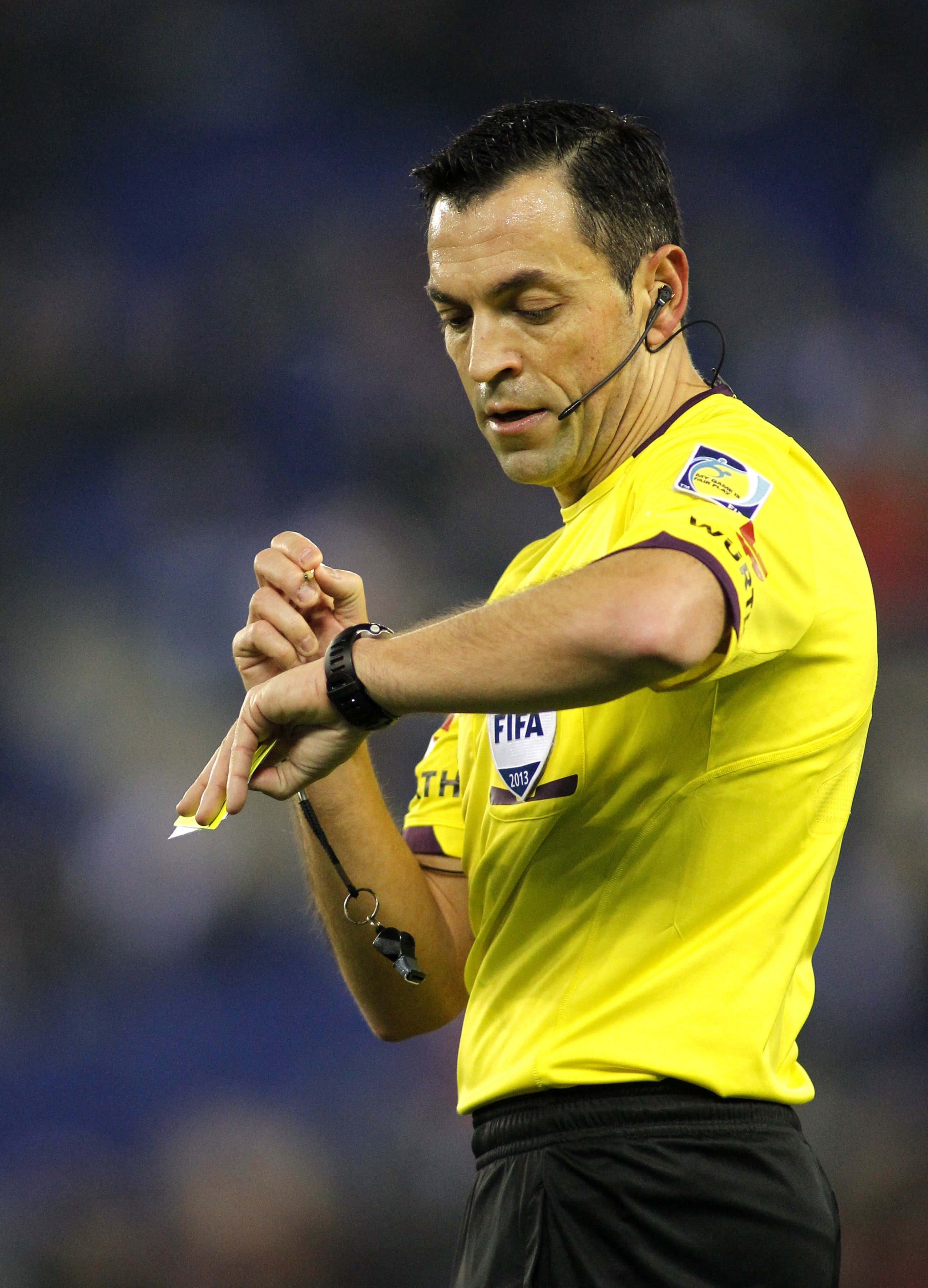 soccer referee, bright yellow jersey, watch, 2K Phone Wallpaper