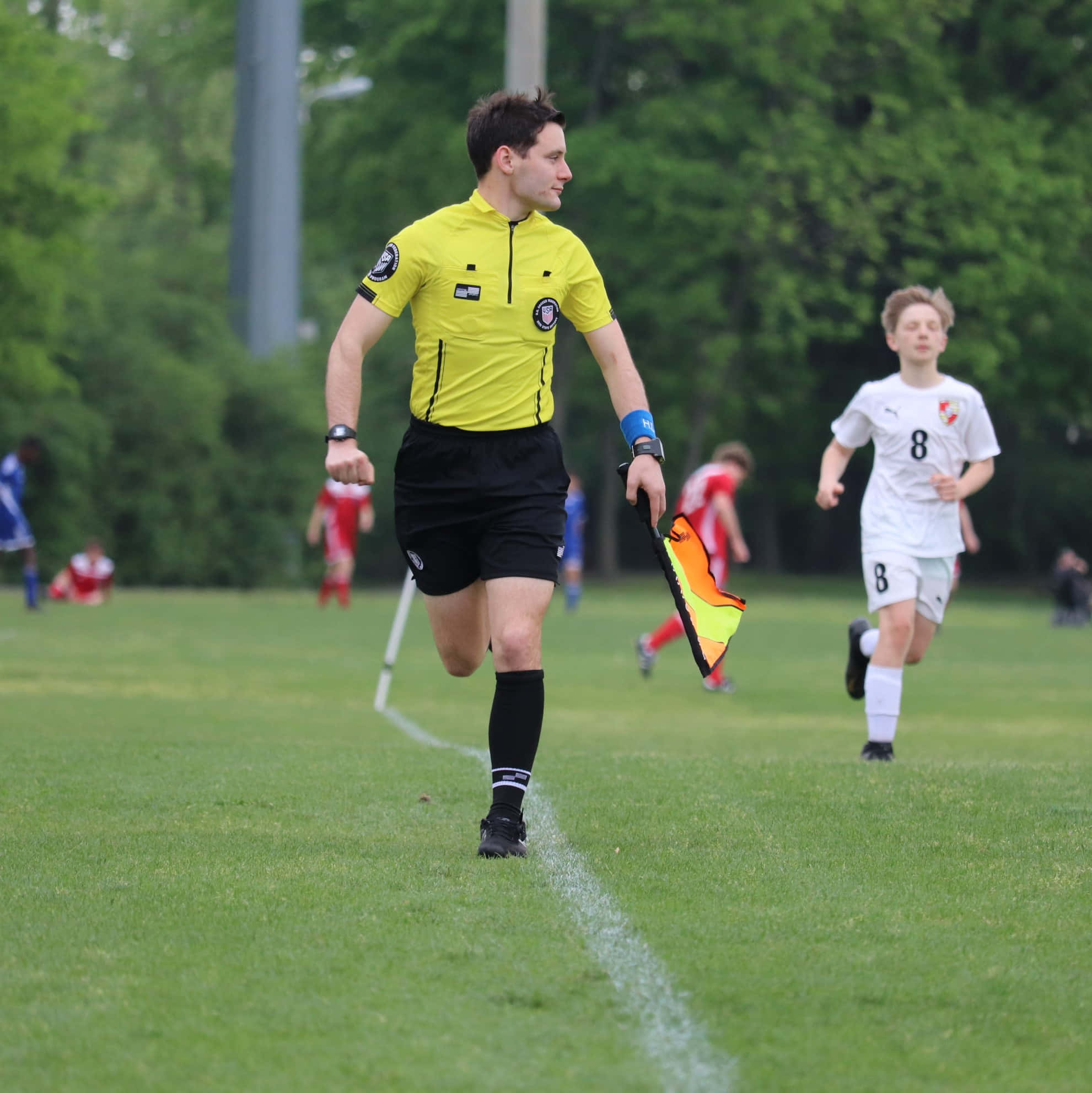 soccer referee, bright yellow shirt, flag, Full HD Phone Wallpaper
