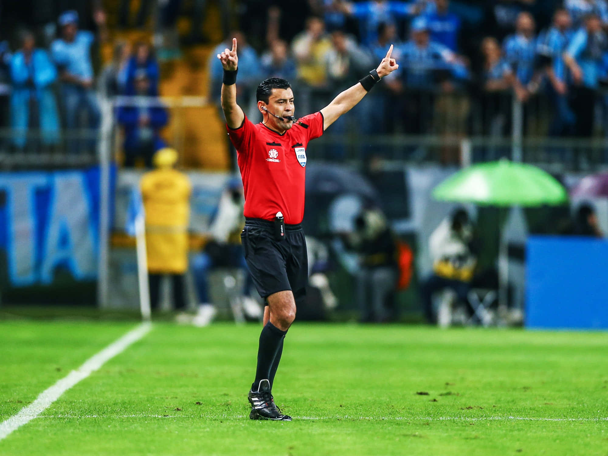 soccer referee, red shirt, goal, Full HD Desktop Wallpaper