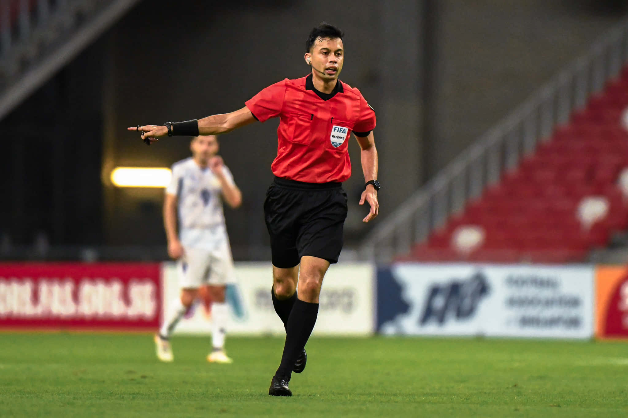 soccer referee, red shirt, stadium field, Full HD Desktop Wallpaper