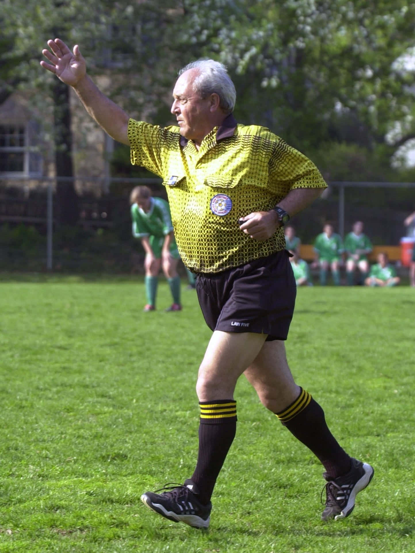 soccer referee, bright yellow shirt, sunlit grass field, Full HD Phone Wallpaper