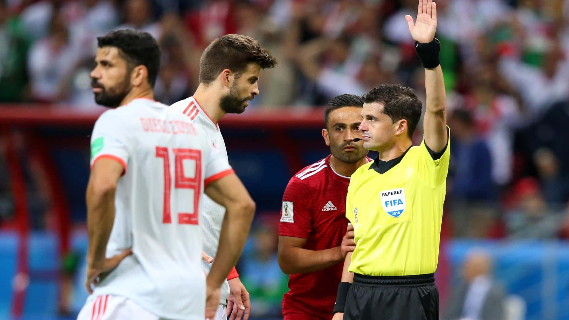 soccer referee, bright yellow uniform, red card, Full HD Desktop Wallpaper