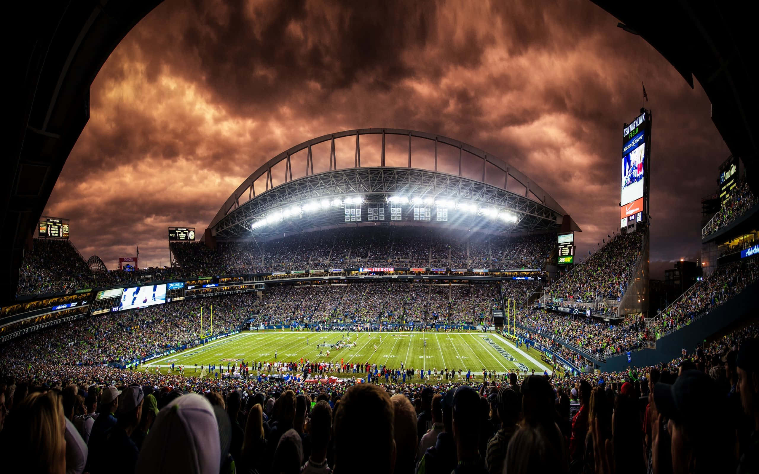 Soccer Stadium, football stadium, fiery orange and dark cloud sky, 2K Desktop Wallpaper