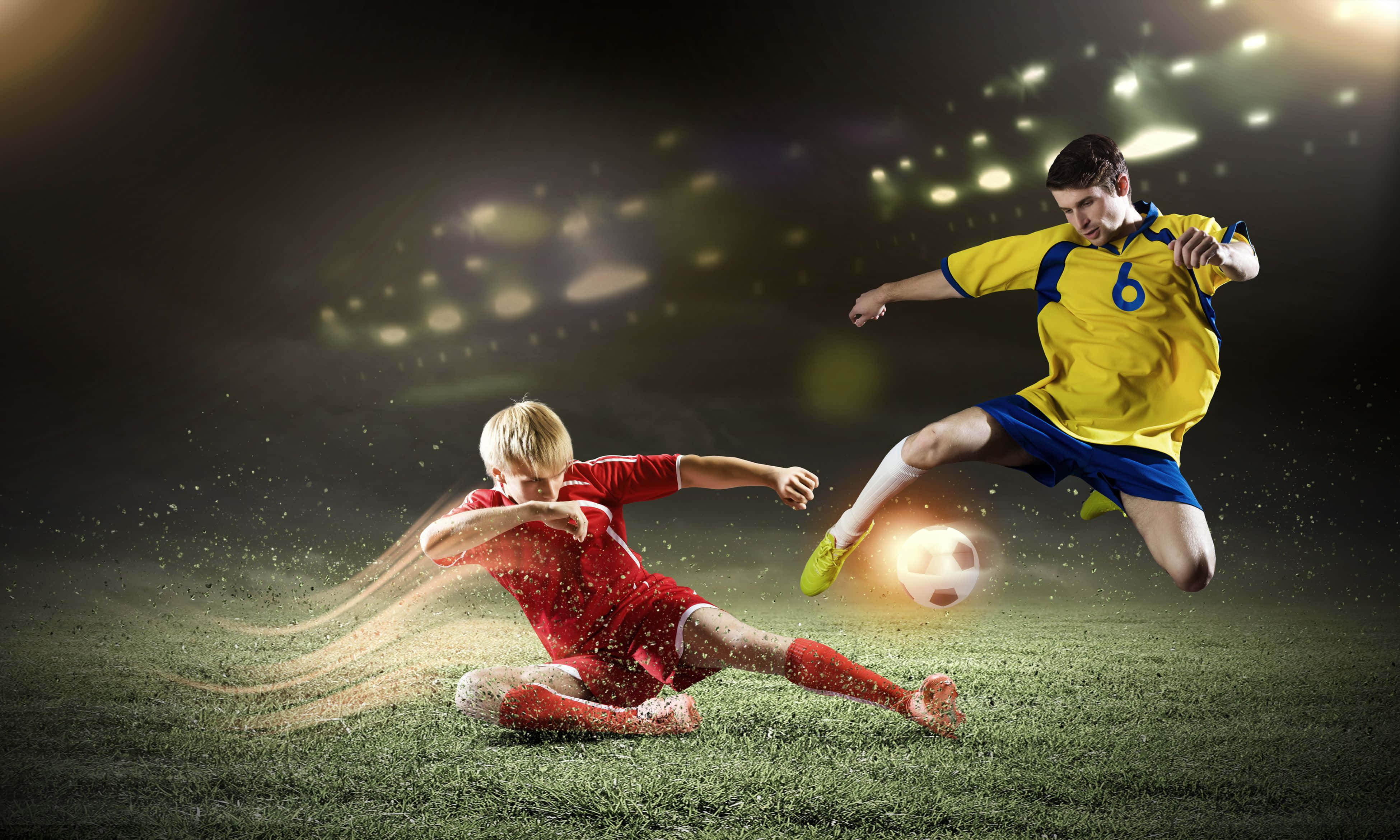 Kids Playing Soccer, grass field, stadium lights, 4K Desktop Wallpaper