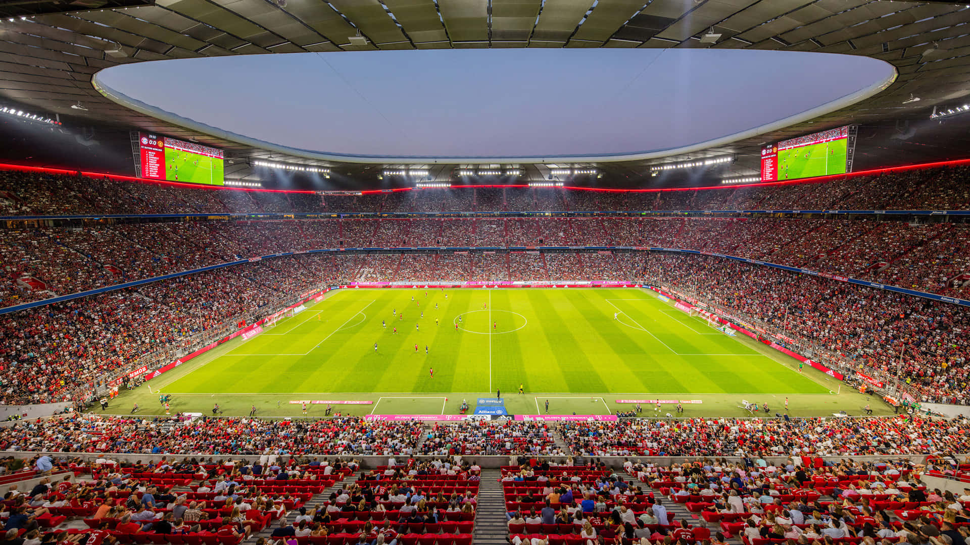soccer stadium, vibrant green pitch, red seats, Full HD Desktop Wallpaper