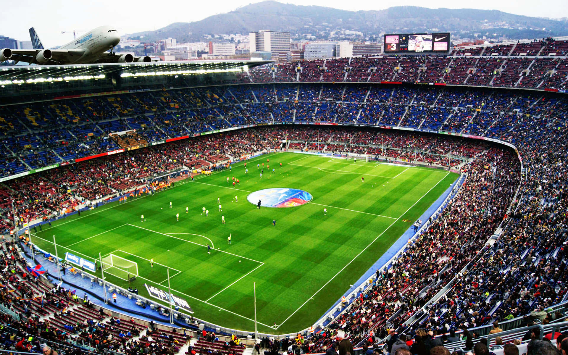 Soccer Stadium, giant airplane, aerial view, Full HD Desktop Wallpaper
