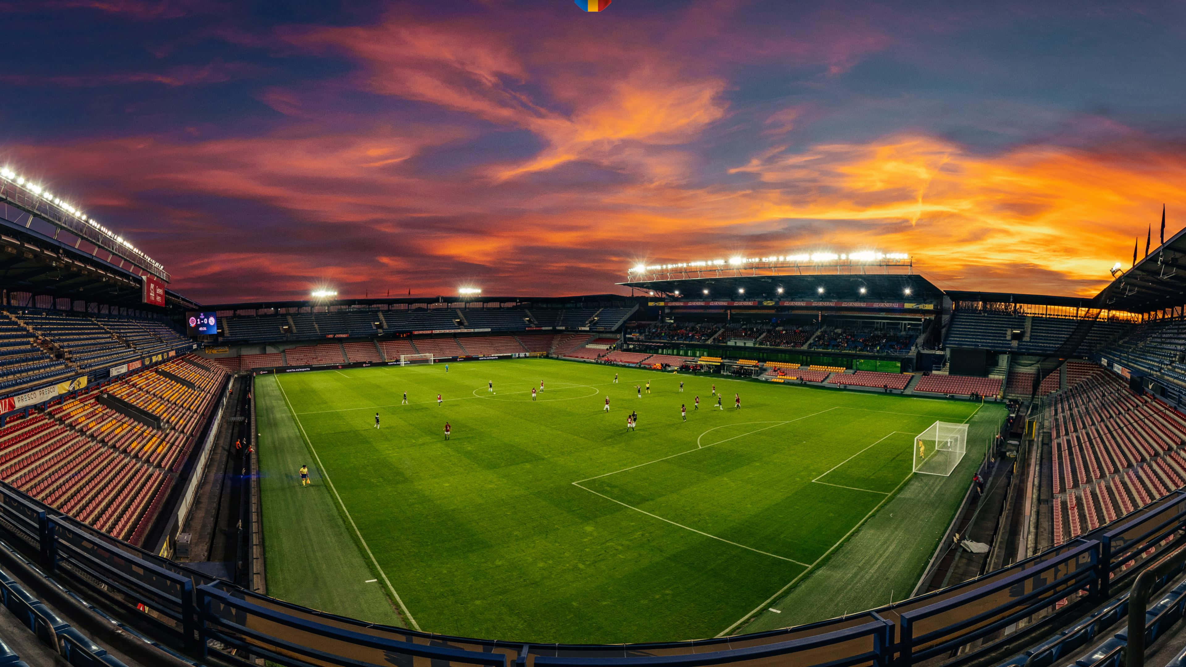 soccer stadium, sunset sky, vibrant orange pink sky, 4K Desktop Wallpaper