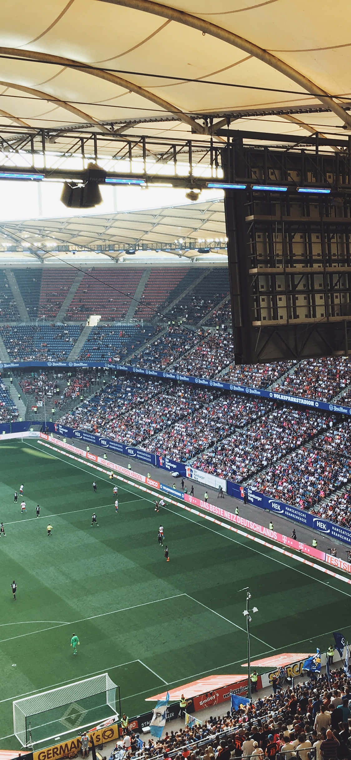 Soccer Stadium, vibrant green turf, curved roof structure, Full HD Phone Wallpaper