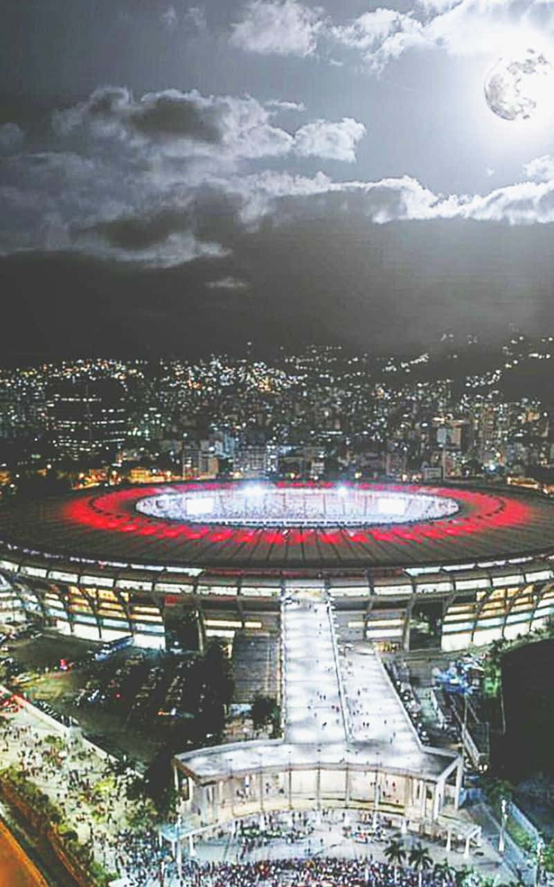 soccer stadium, night sky, bright moon, HD Phone Wallpaper