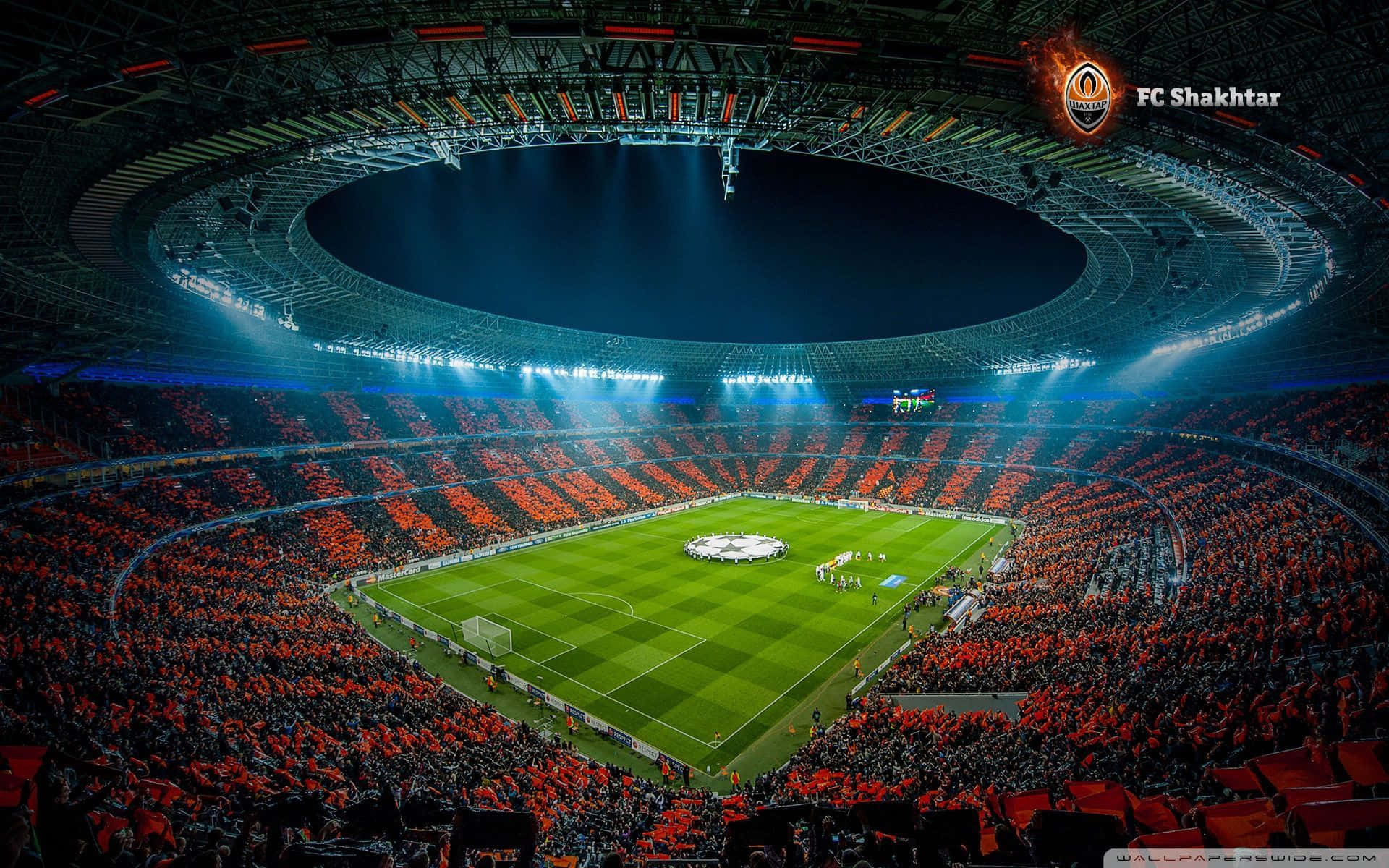 Soccer Stadium, night, glowing blue spotlights, Full HD Desktop Wallpaper
