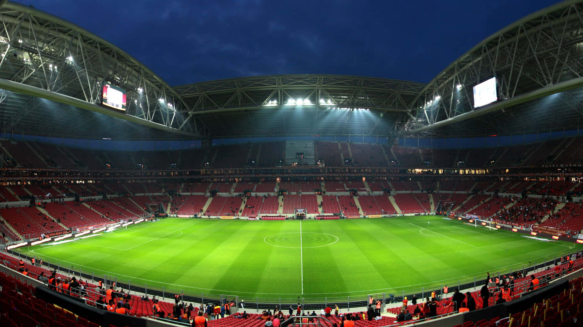Soccer Stadium, Sunset, Floodlights, Full HD Desktop Wallpaper