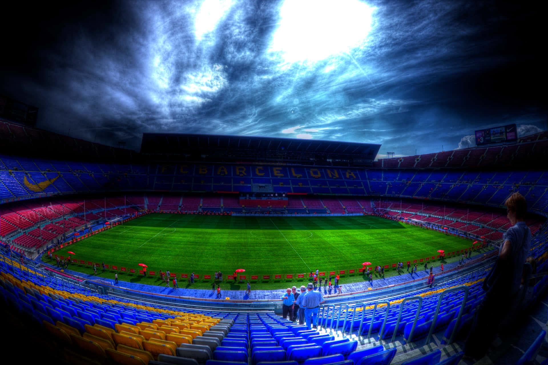 vibrant green soccer stadium, stormy blue sky, thousands of cheering soccer fans, Full HD Desktop Wallpaper