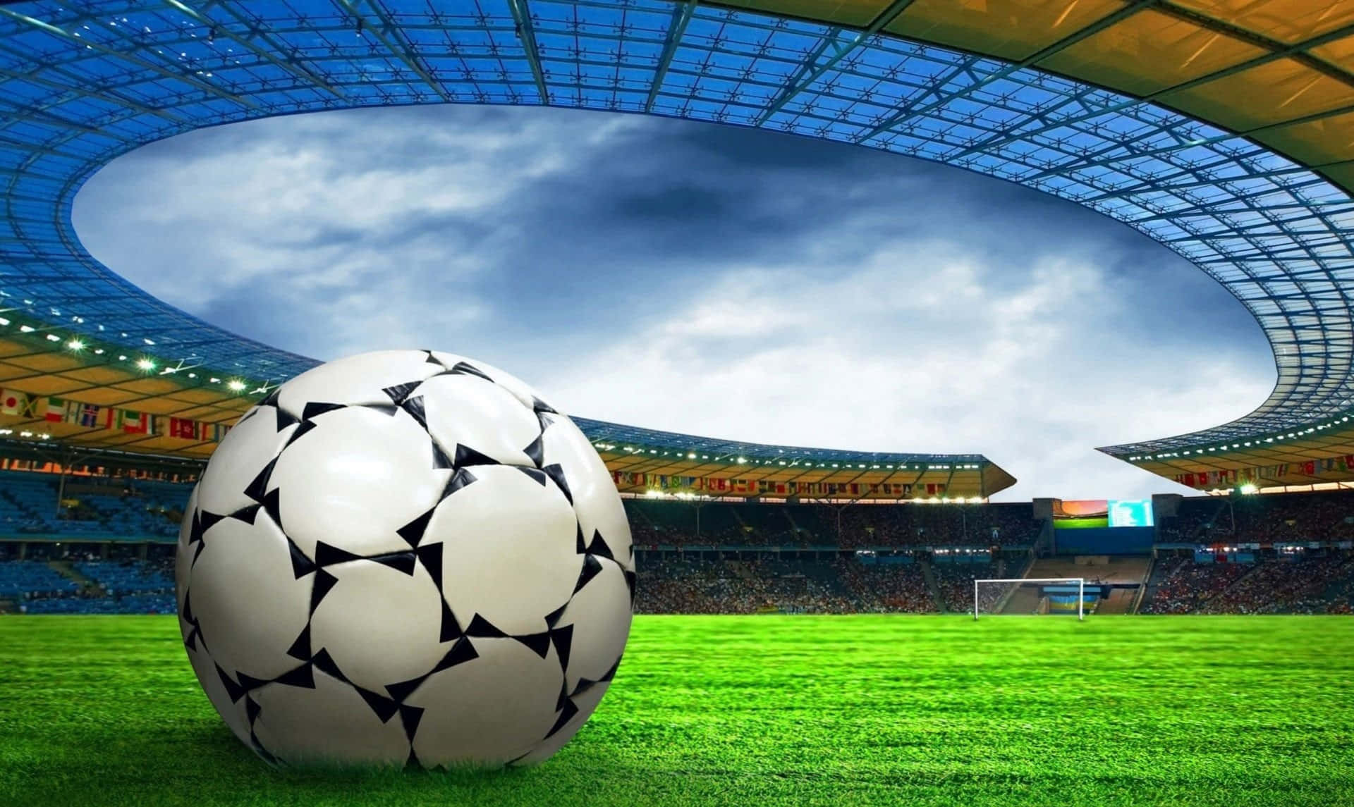 soccer ball, stadium, green grass, Full HD Desktop Wallpaper