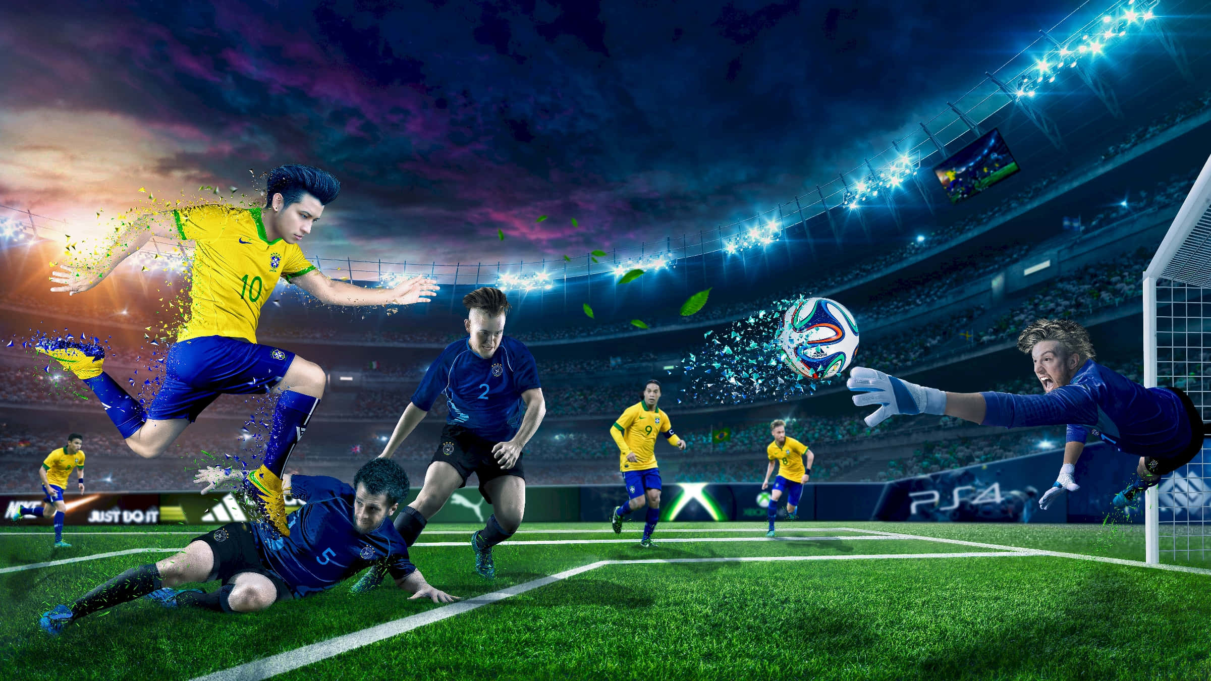 dynamic soccer action stadium, vibrant stadium lights, yellow and blue jerseys, Full HD Desktop Wallpaper