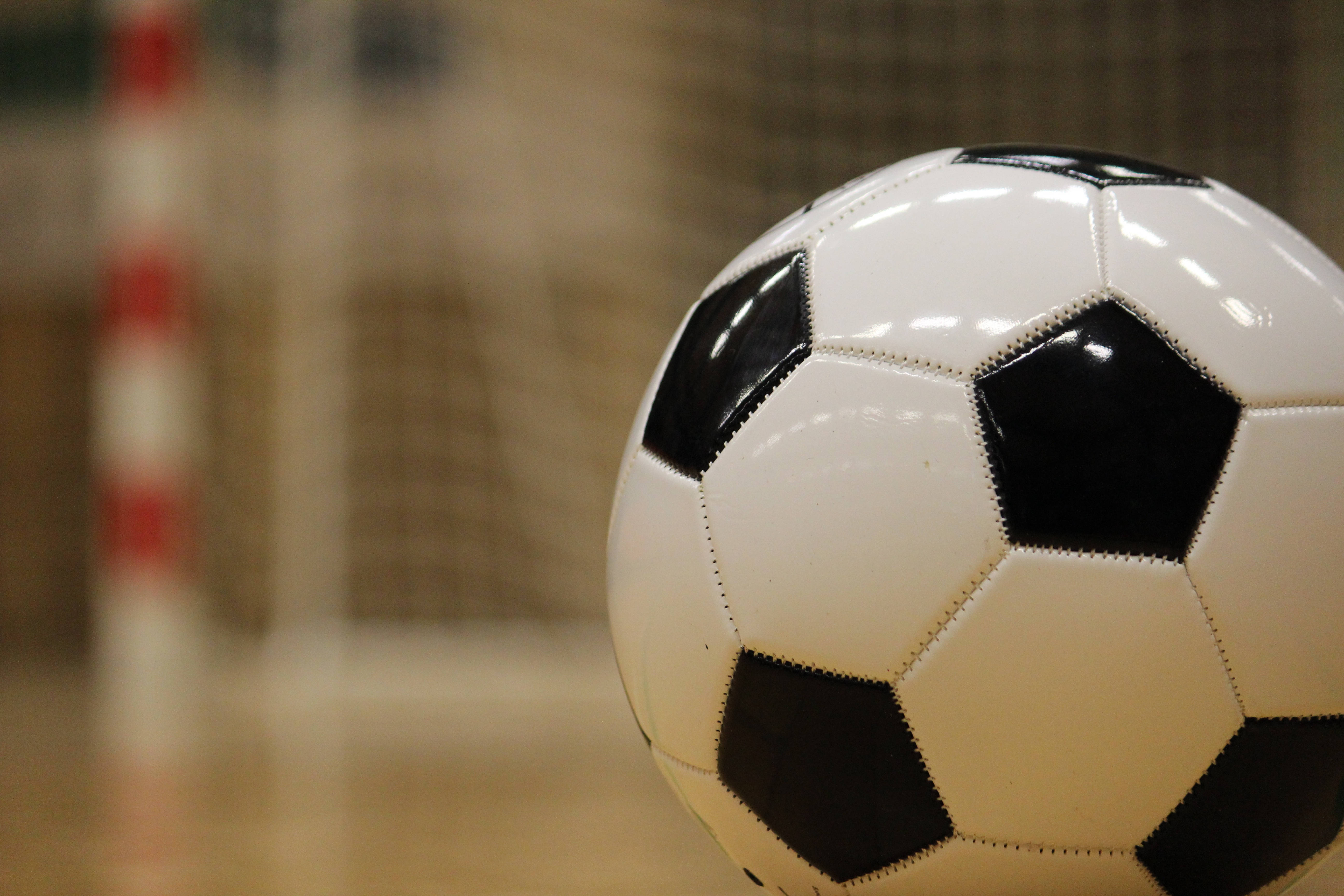glossy soccer ball, black and white soccer ball, indoor goal net, 5K Desktop Wallpaper