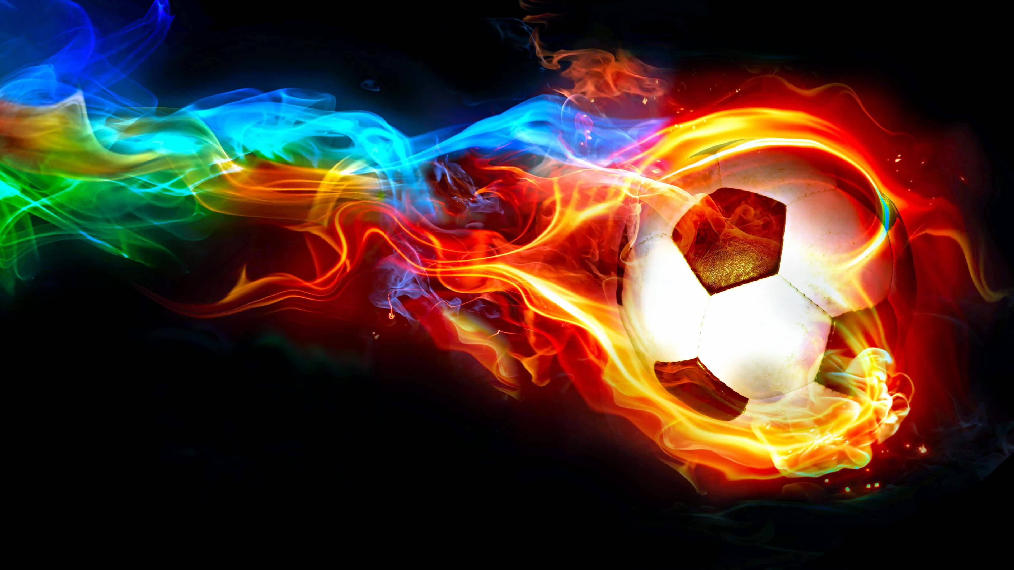 4K Moving Soccer Ball, glowing soccer ball, vibrant rainbow flames, 4K Desktop Wallpaper